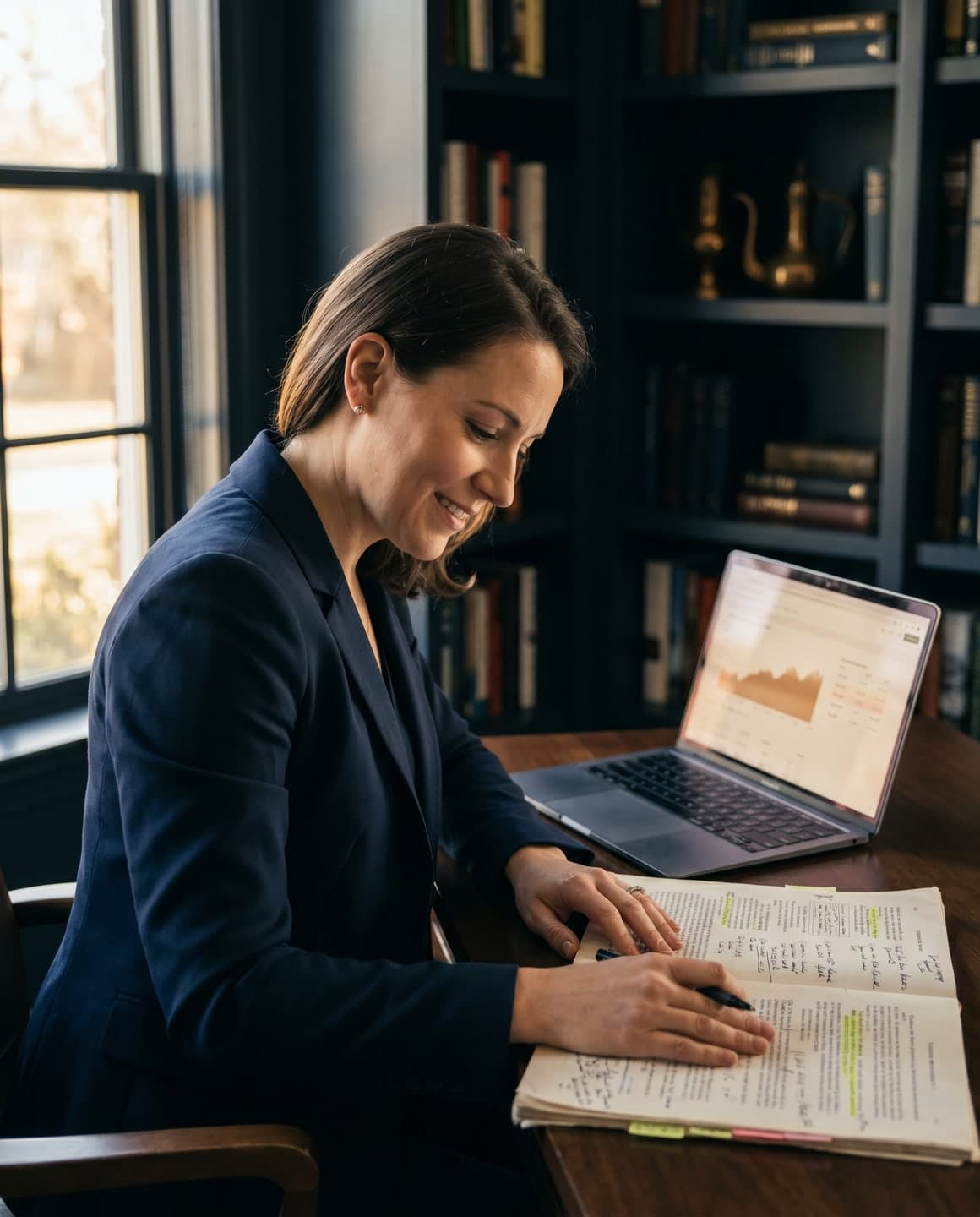 A charterholder at a navy-toned study desk, annotating printed curriculum notes by hand with a laptop open to a clean analytics dashboard beside her.