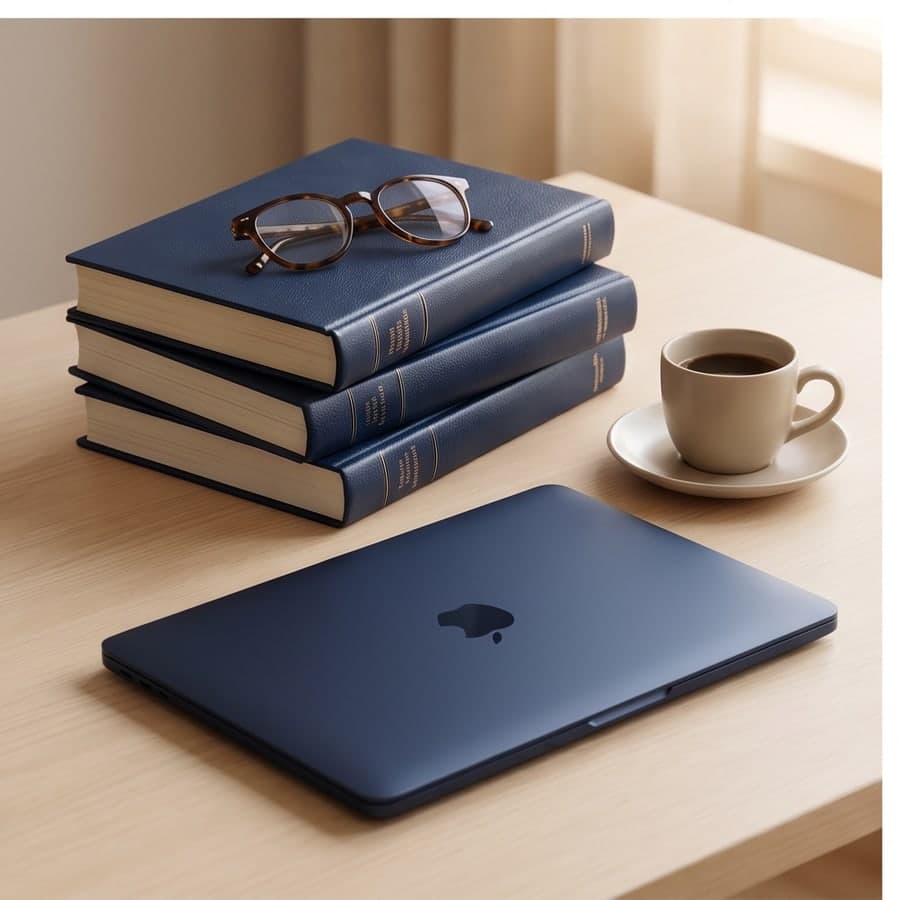 A stack of navy hardcover finance texts with reading glasses and a cup of coffee.