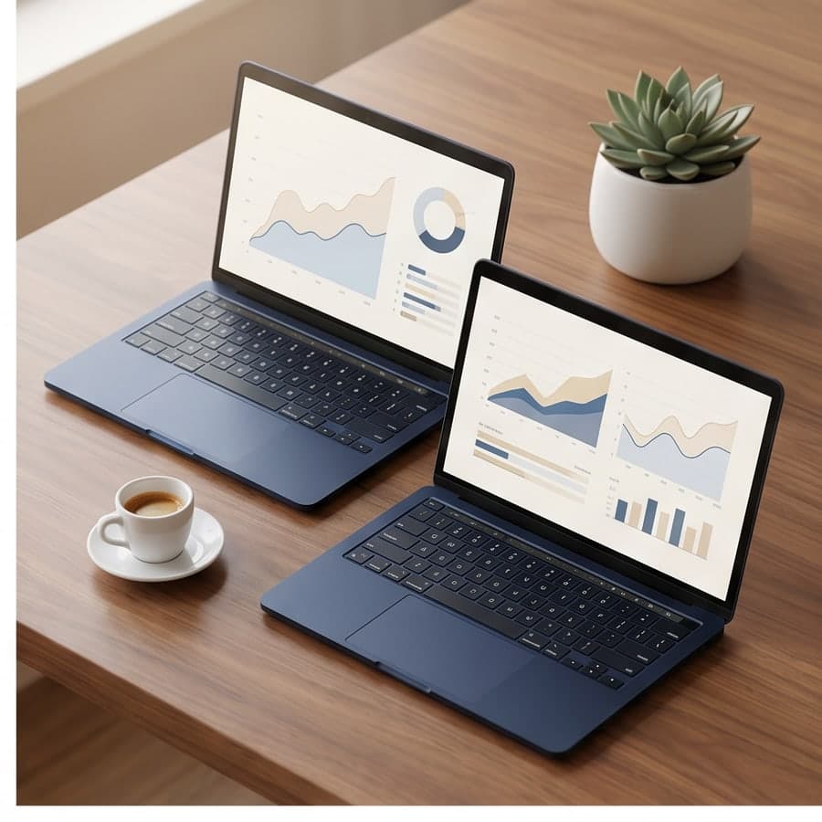 Two navy laptops showing financial charts on a wood desk beside an espresso.