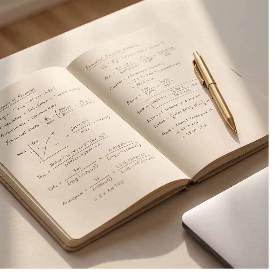 An open study notebook with handwritten financial formulas beside a gold pen.