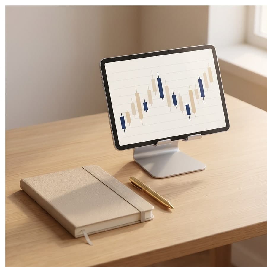 A tablet on a stand showing a candlestick chart beside a notebook and pen.