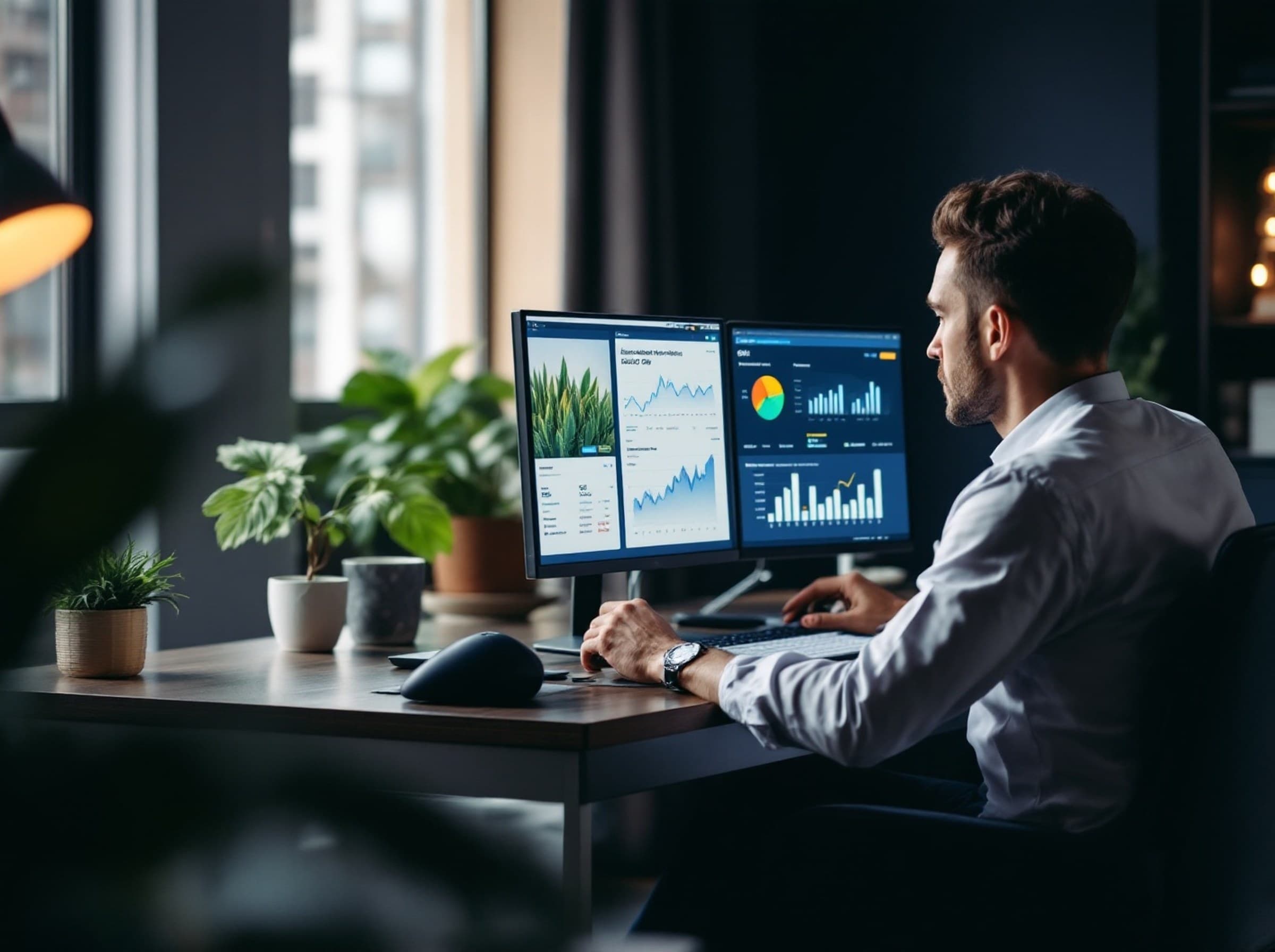 An ESG analyst reviewing sustainability and climate data on a dual-monitor workstation.