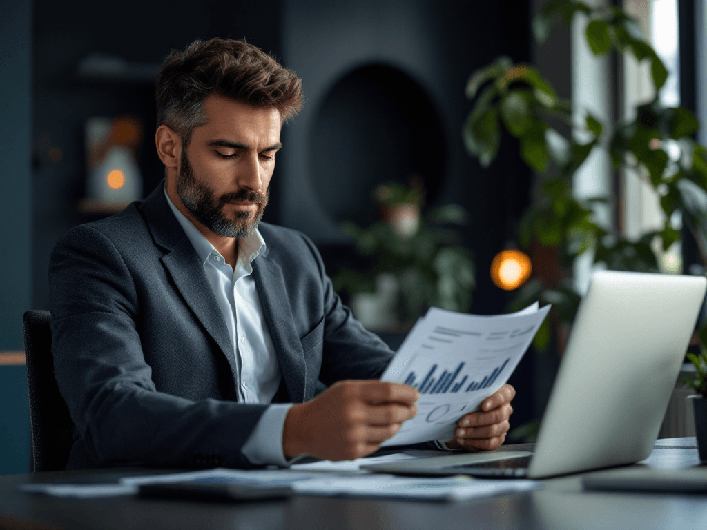 An alternative-investments analyst reviewing a private-equity fund report at a laptop in a navy-toned office.