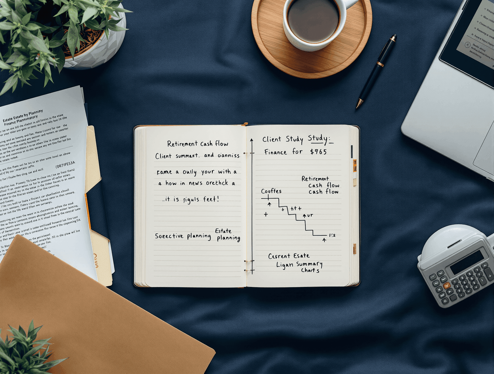 An open set of CFP study notes with a hand-drawn retirement cash-flow chart, beside a financial calculator and a client planning folder on a navy desk.