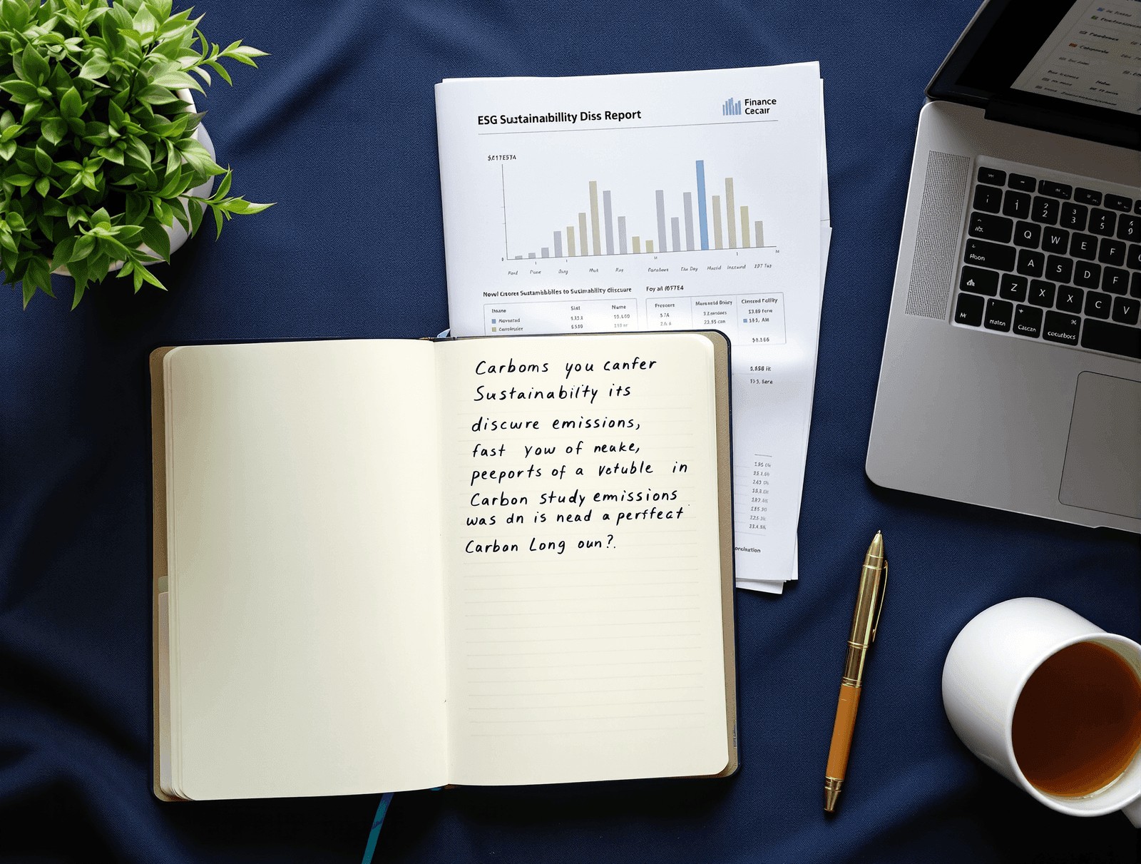 An open set of ESG study notes with a hand-drawn emissions curve, beside a printed sustainability disclosure report on a navy desk.