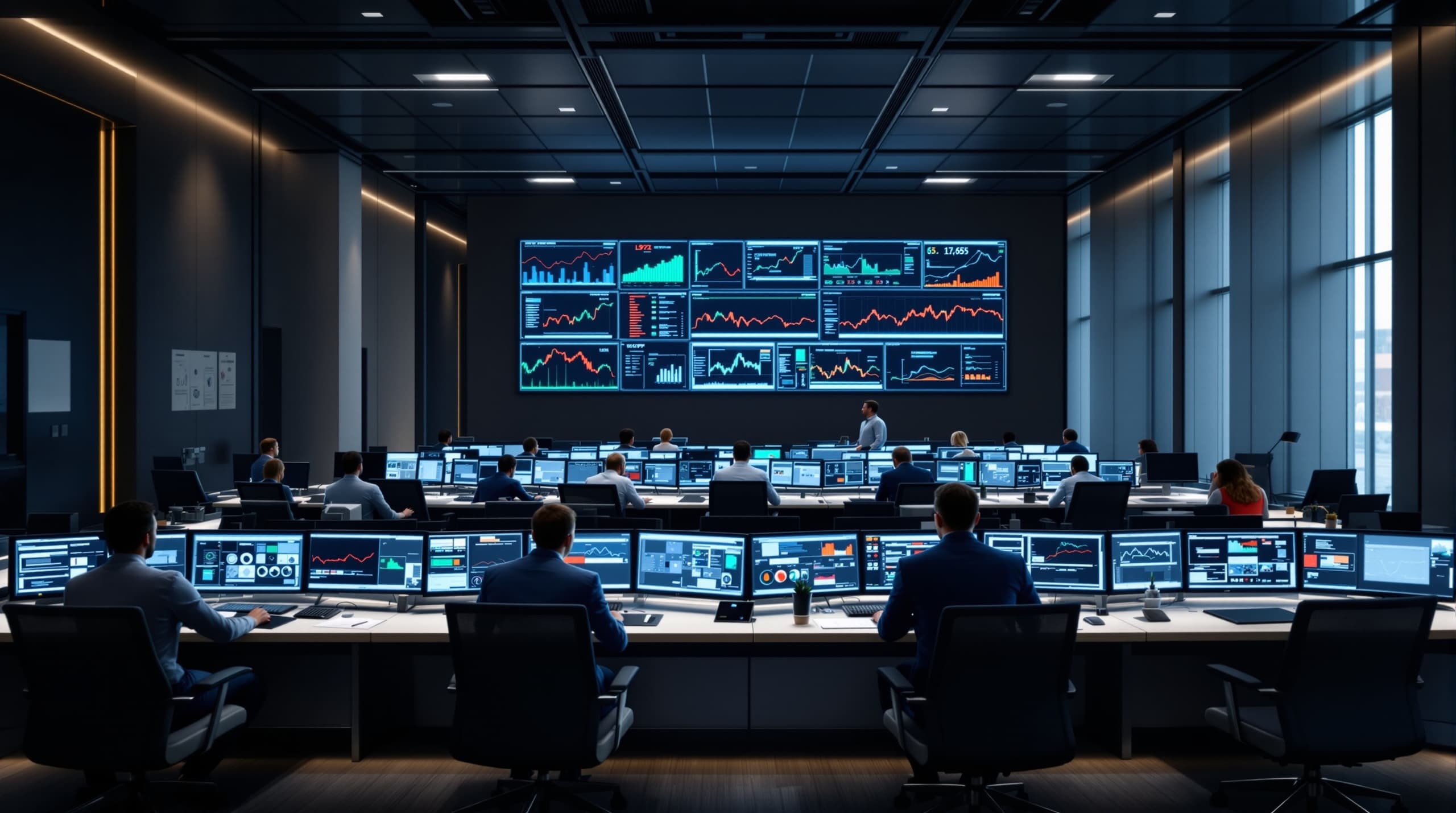 A financial risk operations floor with analysts at multi-monitor desks.