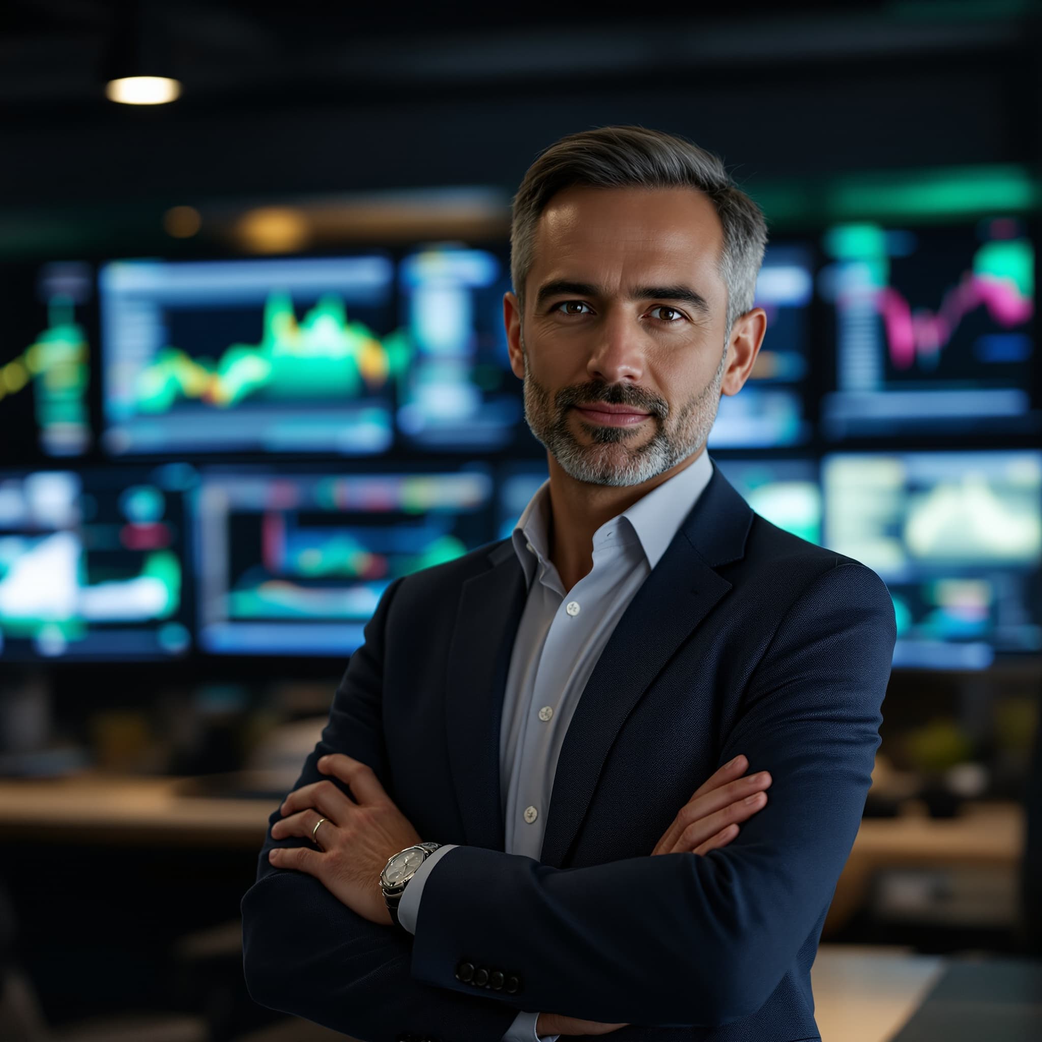 A financial risk manager standing in front of risk dashboards in a navy-toned office.