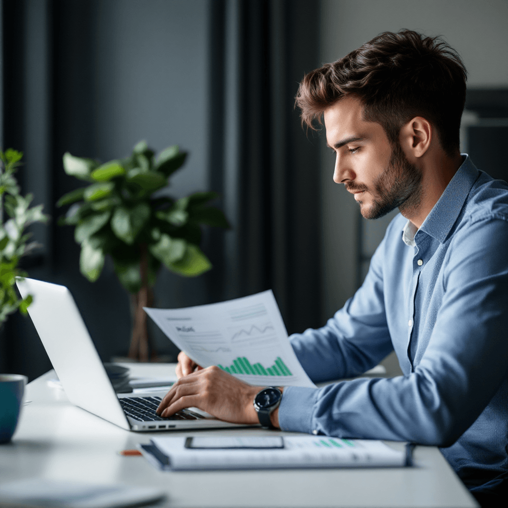 A financial risk manager reviewing market-risk analytics on a laptop beside a printed risk report in a navy-toned office.