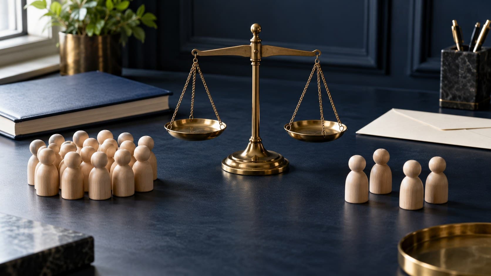 A brass balance scale separates a large group and a small group of wooden figures on a navy desk.