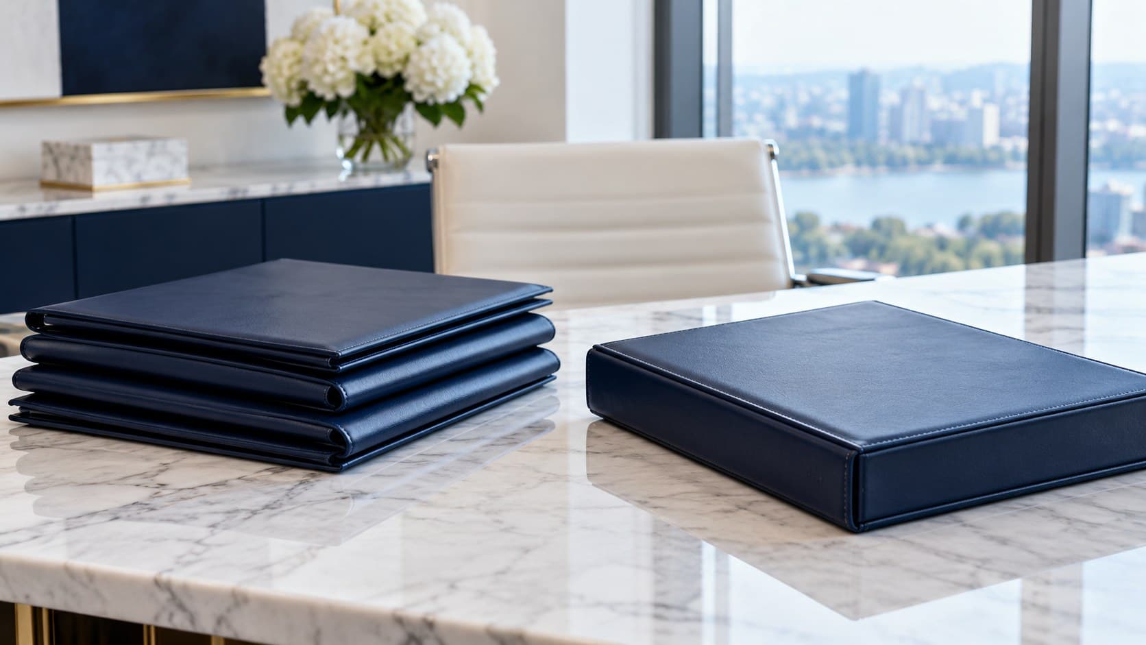 Several closed navy research folders sit opposite a single larger navy binder on a white desk.