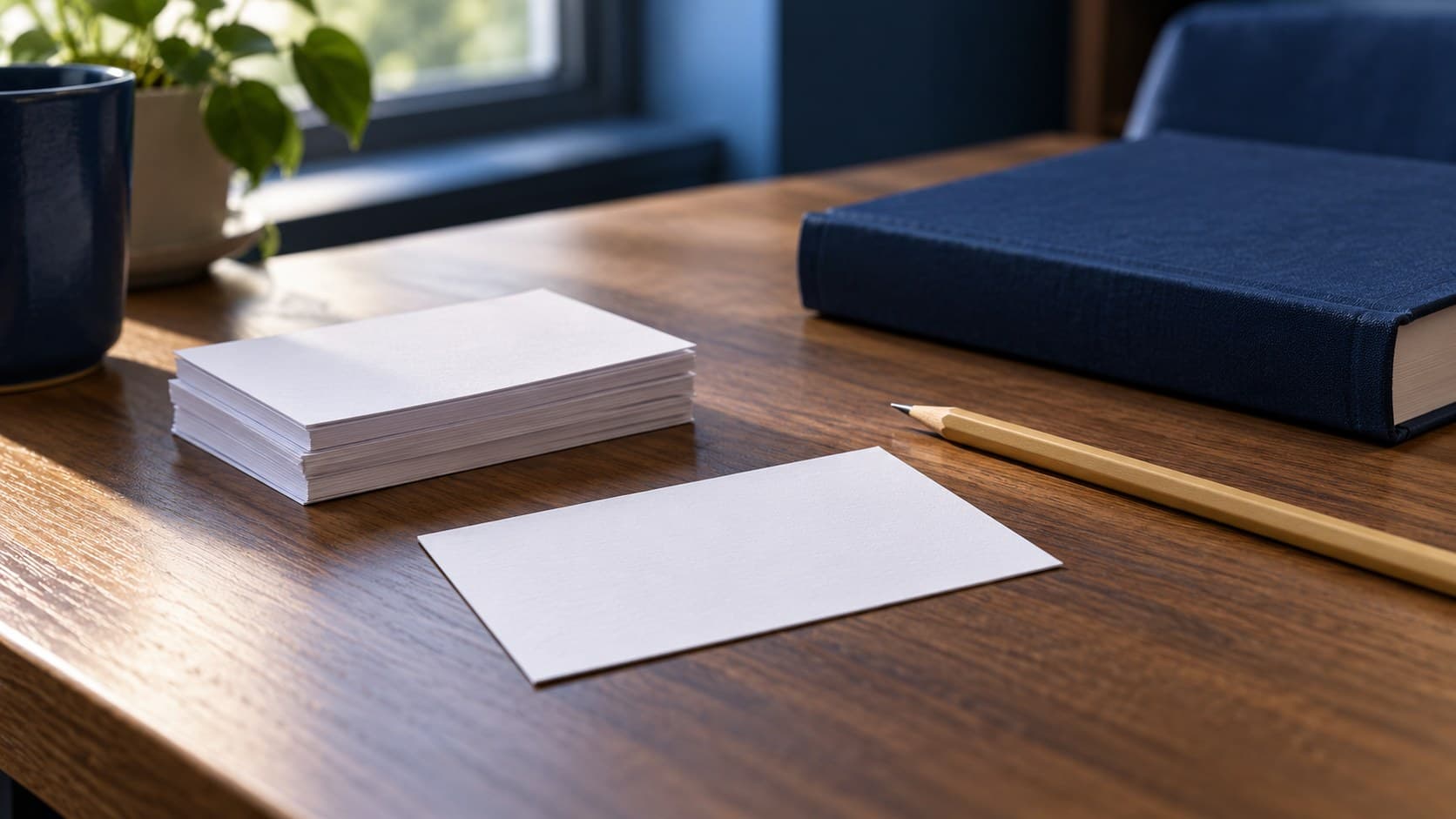 A blank white index card separated from a small stack on a wooden study desk, beside a pencil and a closed navy book.