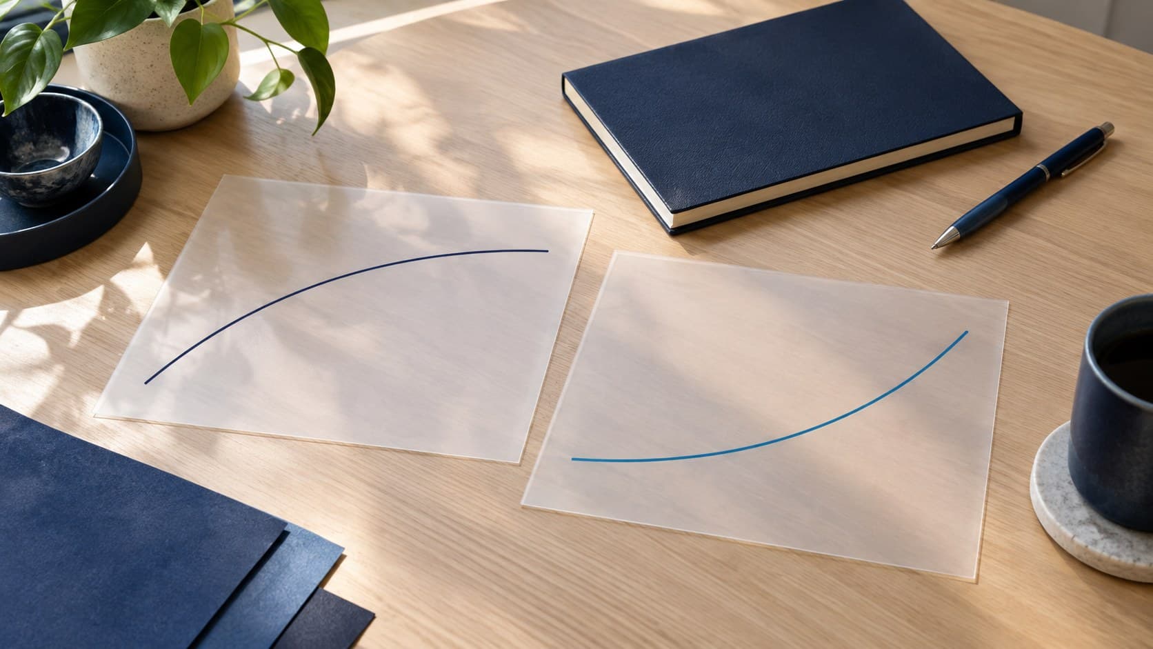 Two unlabelled curved lines on separate translucent sheets beside a navy notebook and pen.