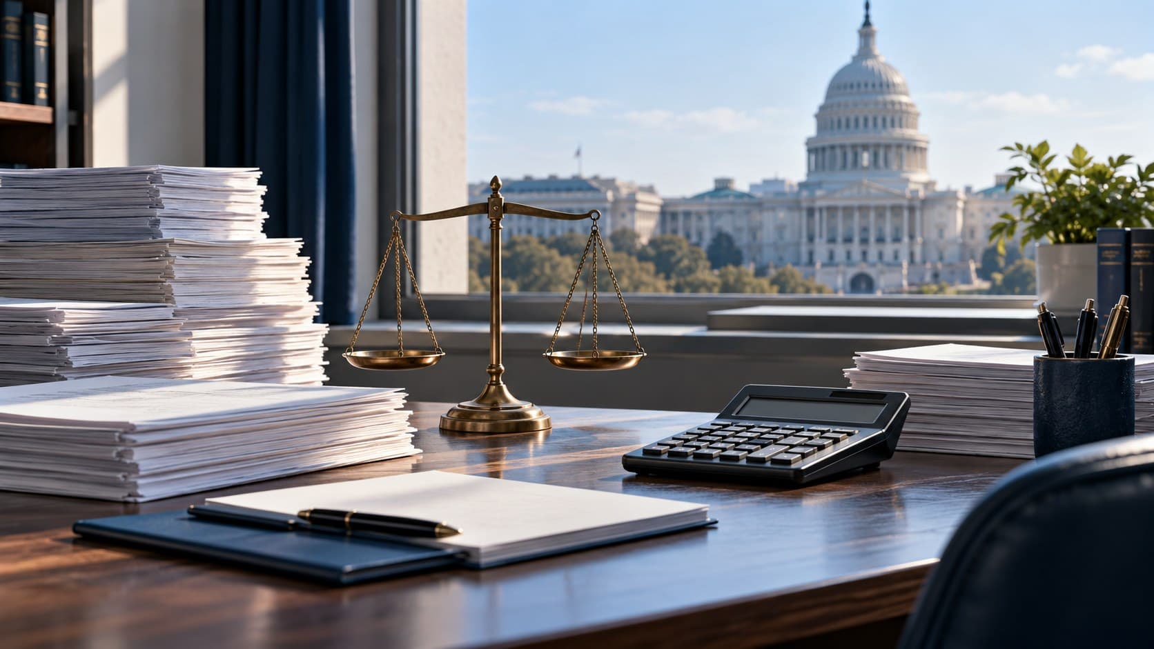 A balance scale, calculator and stacks of blank paper on a public finance desk with a government building beyond the window.