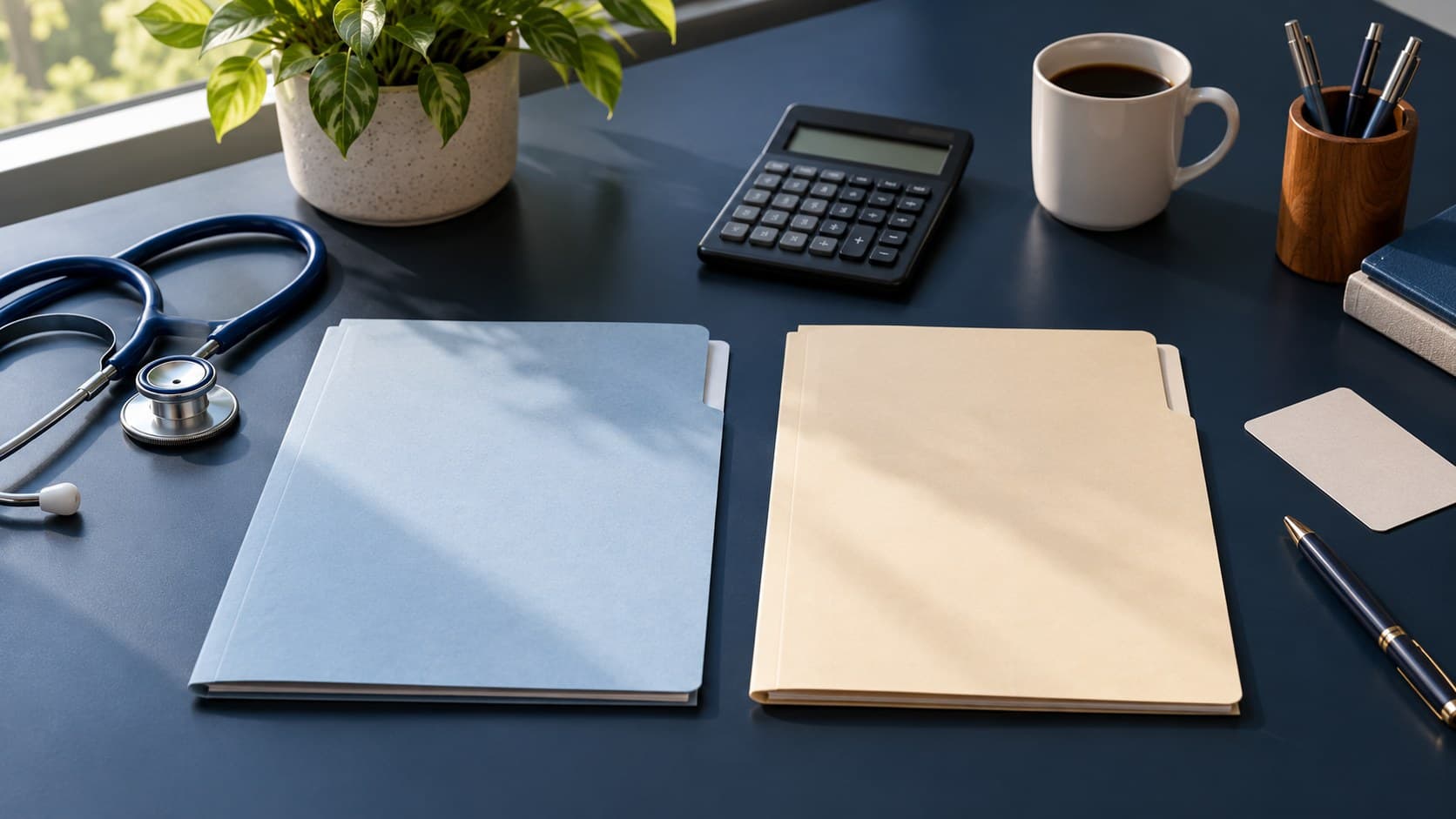 A stethoscope, calculator and two unmarked folders on a navy desk.