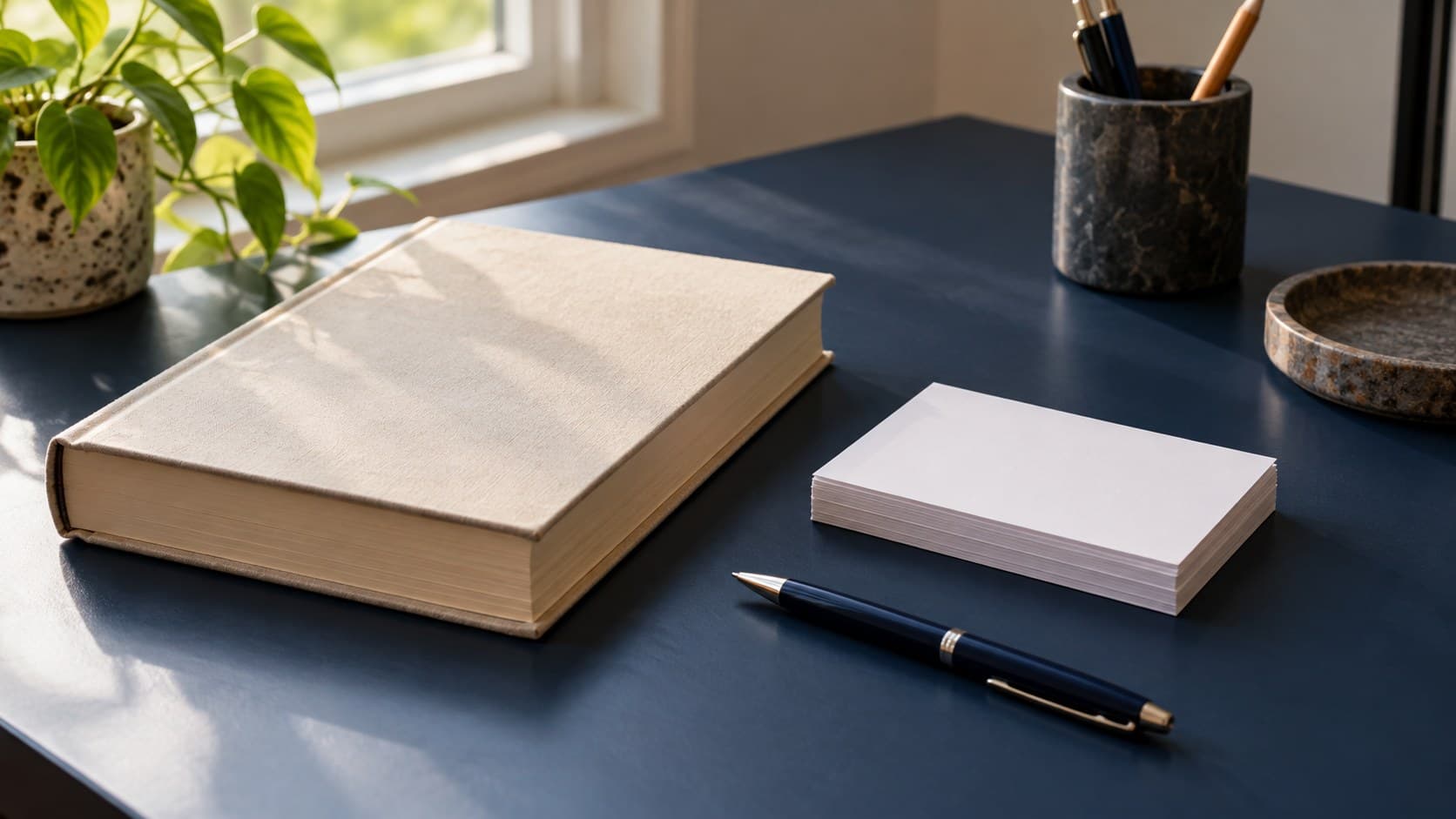 A closed plain book beside a stack of blank index cards and a pen on a navy desk.