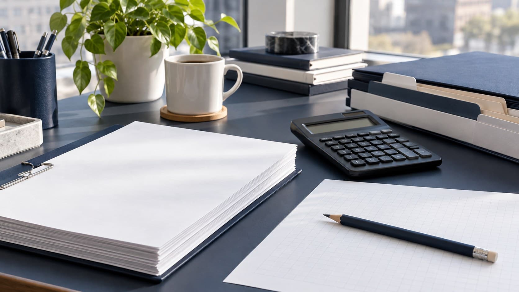 A blank work file, calculator and pencil rest on a navy financial risk desk.
