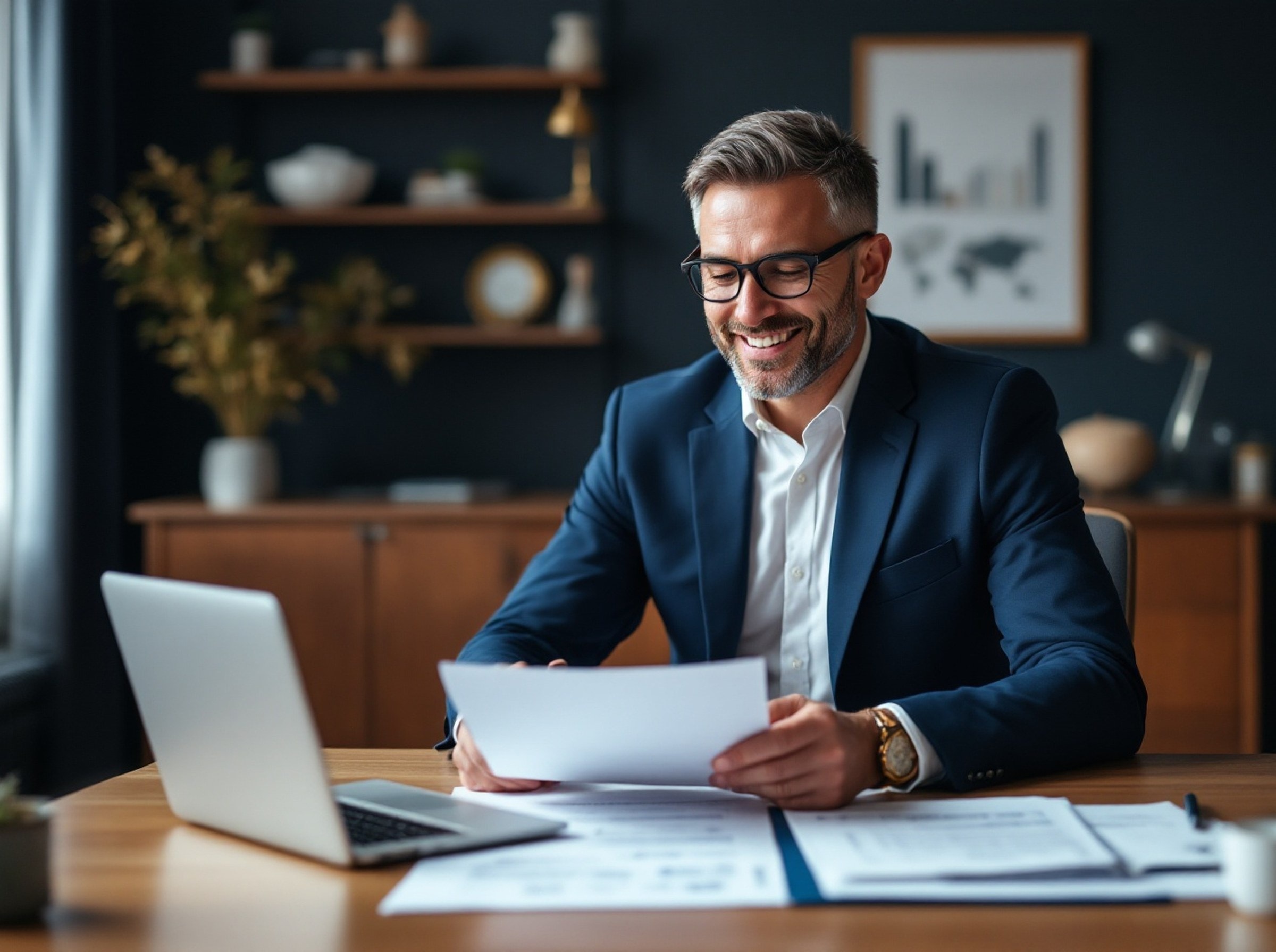 A financial planner reviewing a client’s retirement and estate plan at a bright office desk.