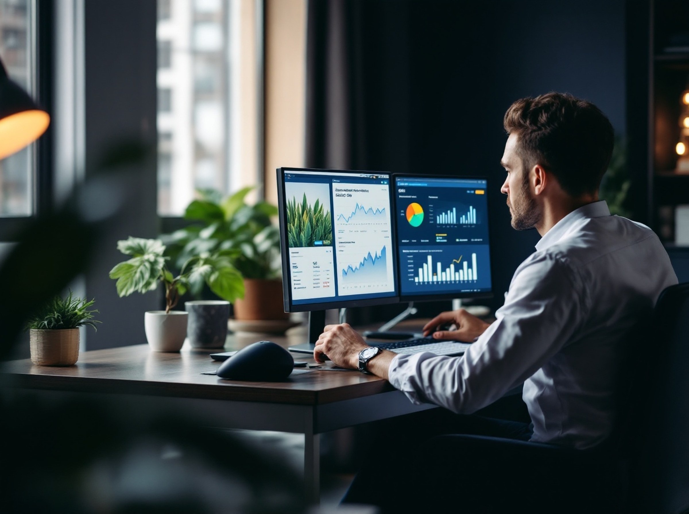 An ESG analyst reviewing sustainability and climate data on a dual-monitor workstation.