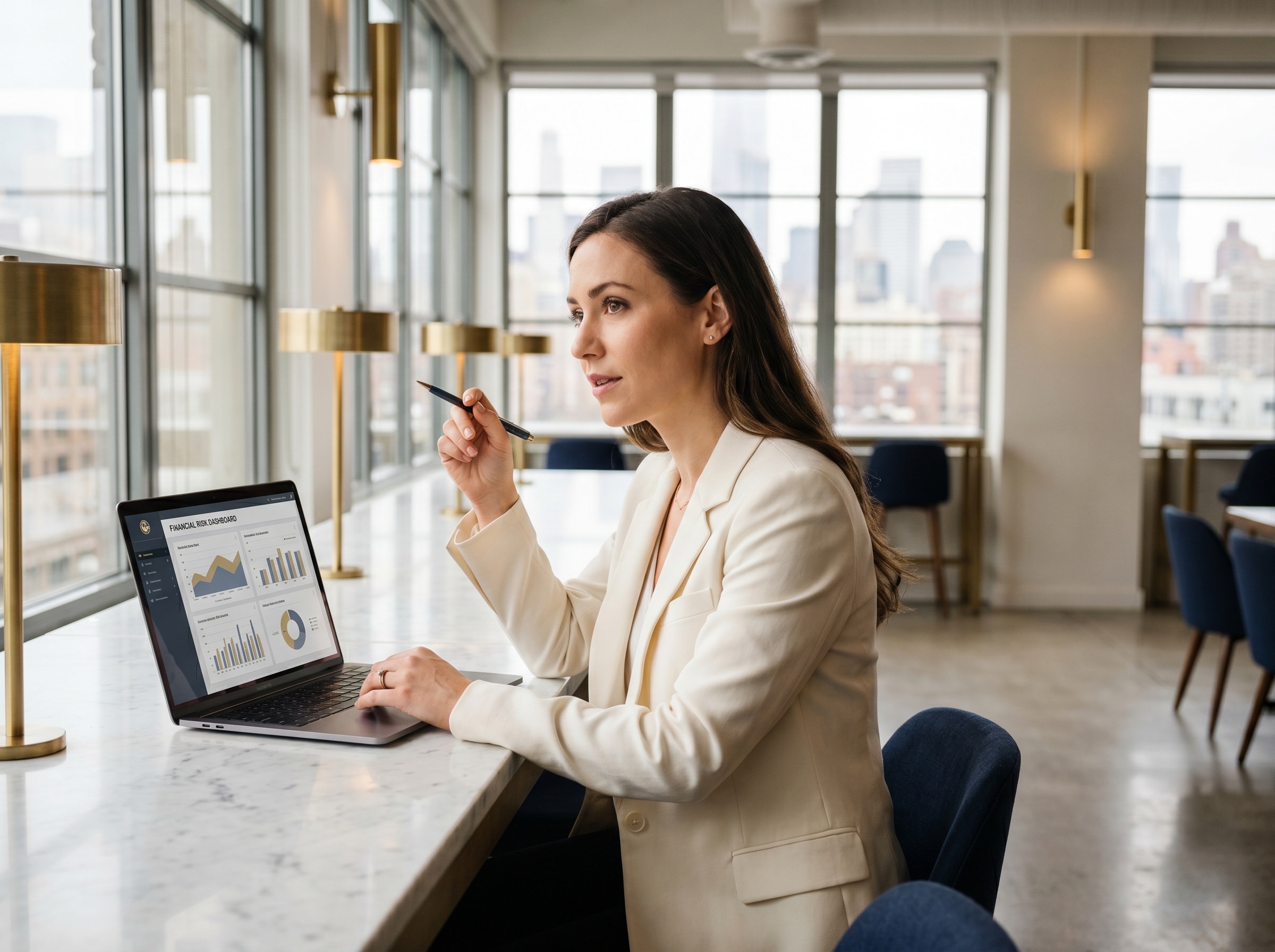 A risk manager working at a marble desk with a financial-risk dashboard.