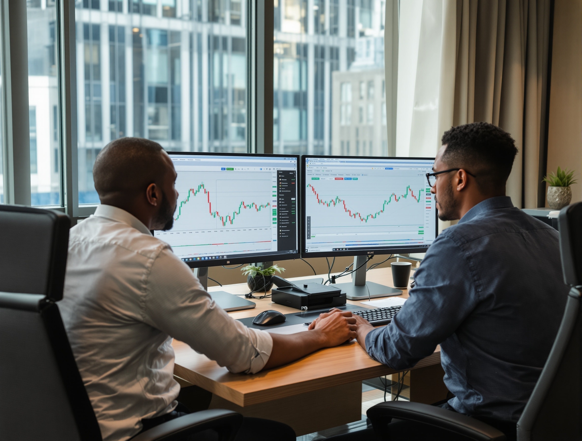 Two investment professionals reviewing a portfolio on twin monitors in a high-floor office.