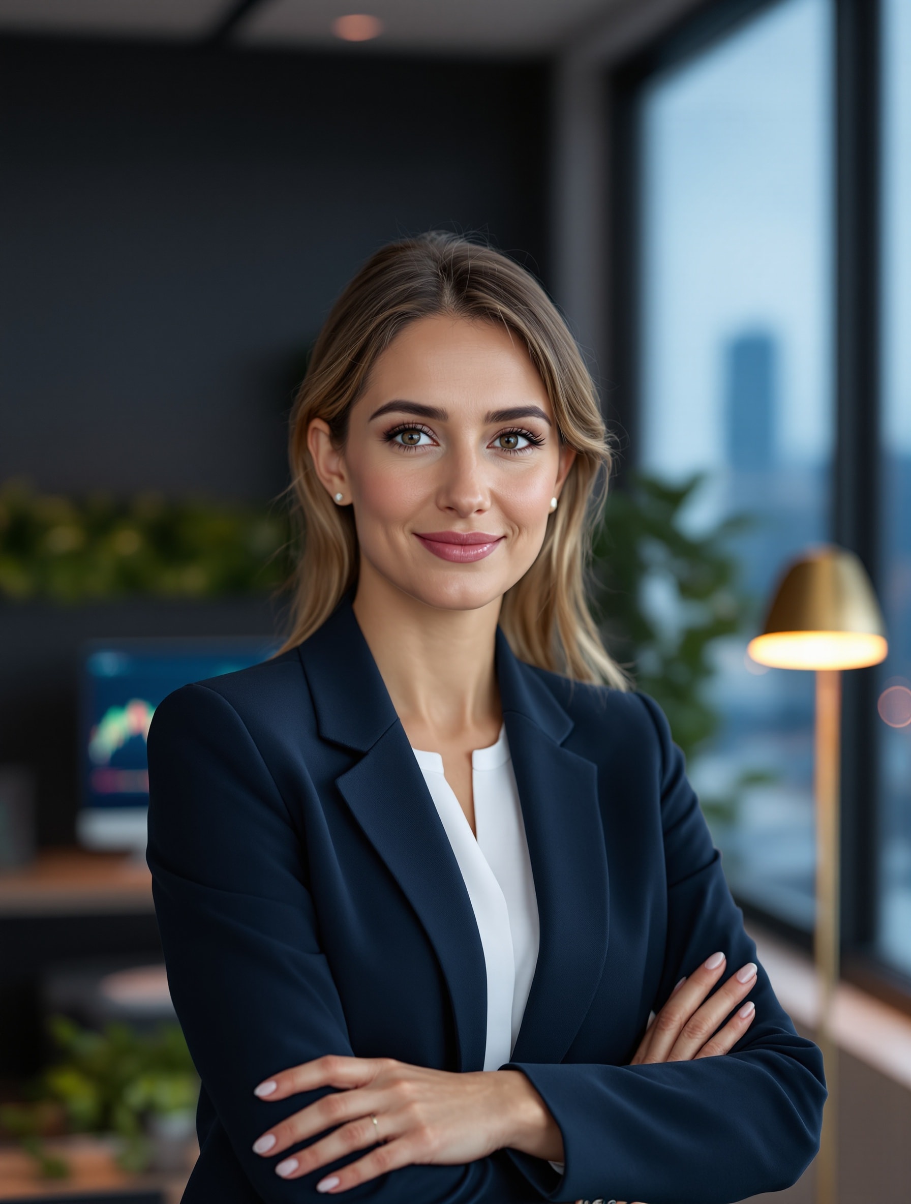 A sustainable-investing analyst in a navy blazer in a modern asset-management office.