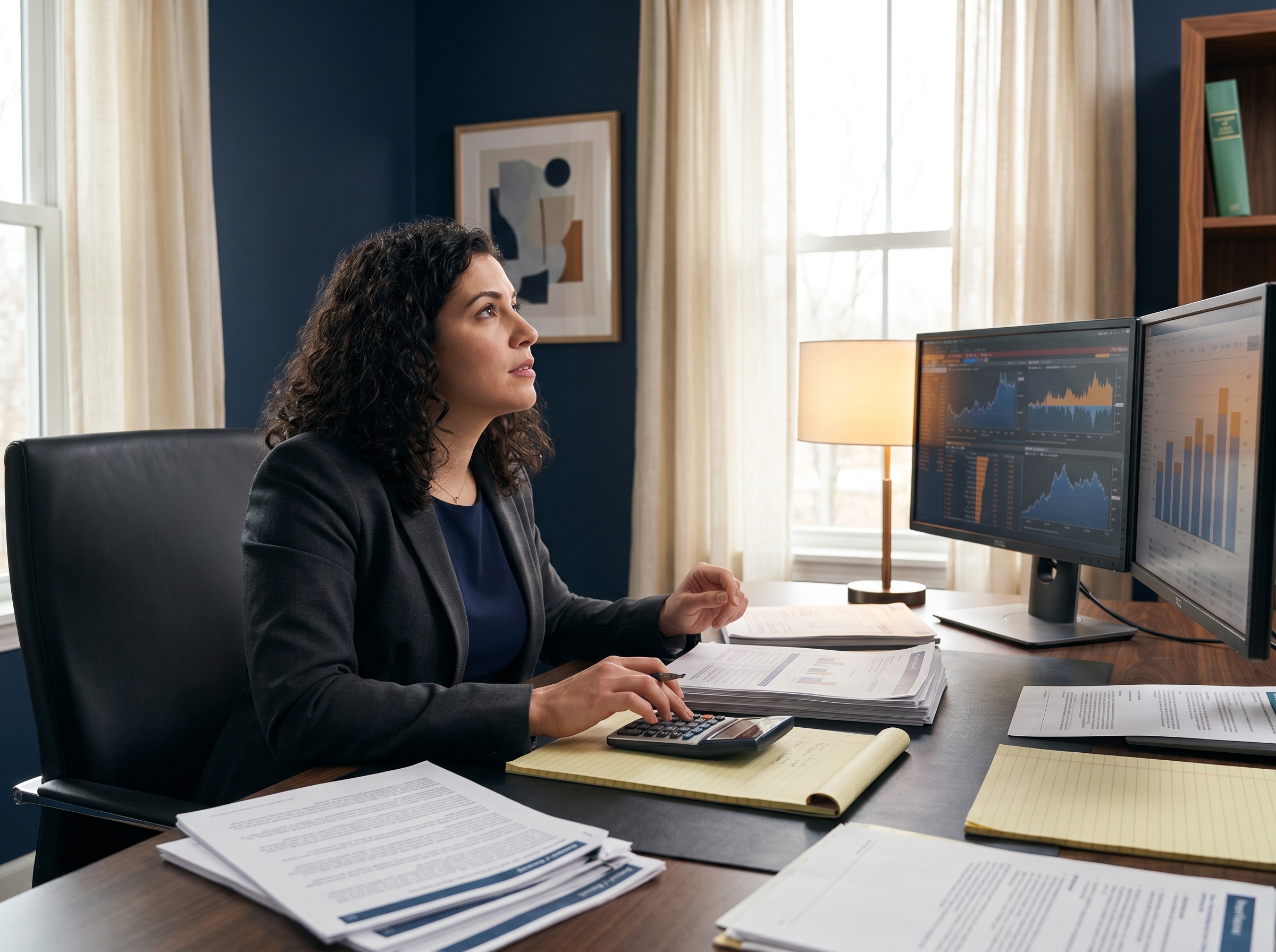 A CAIA candidate at a walnut desk with twin monitors and a financial calculator.