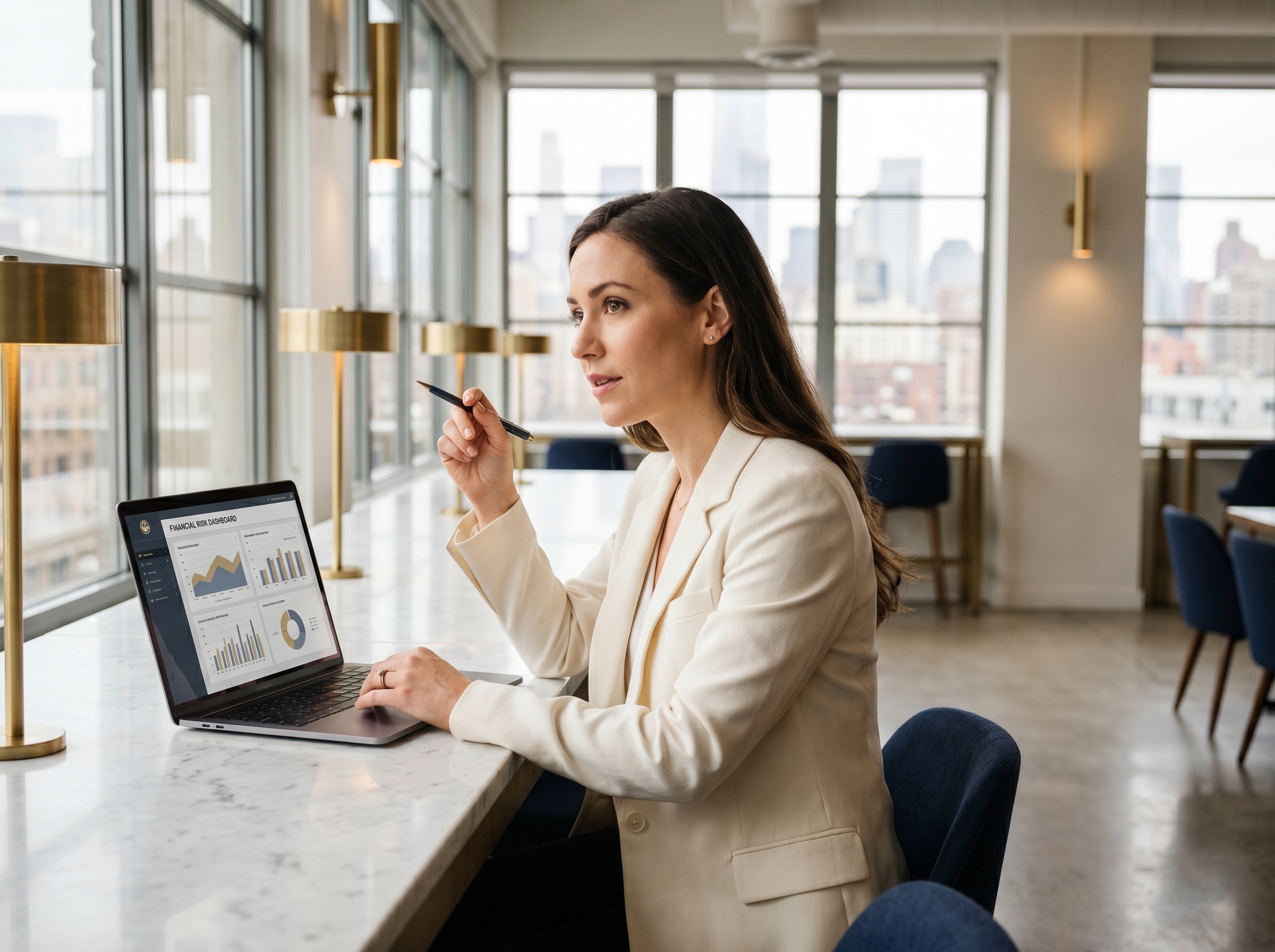 A risk manager working at a marble desk with a financial-risk dashboard.