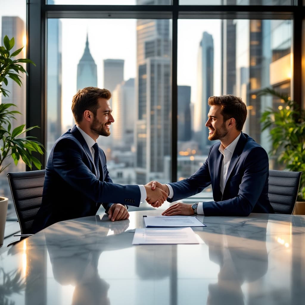 Two professionals in navy suits shaking hands across an interview table with a CV between them.