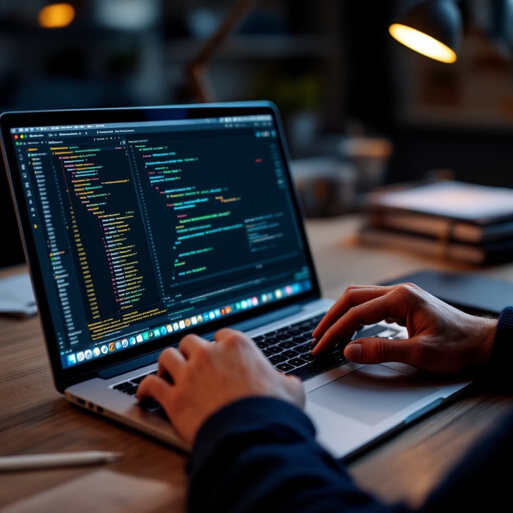 An analyst typing on a laptop showing a code editor under warm desk-lamp light.