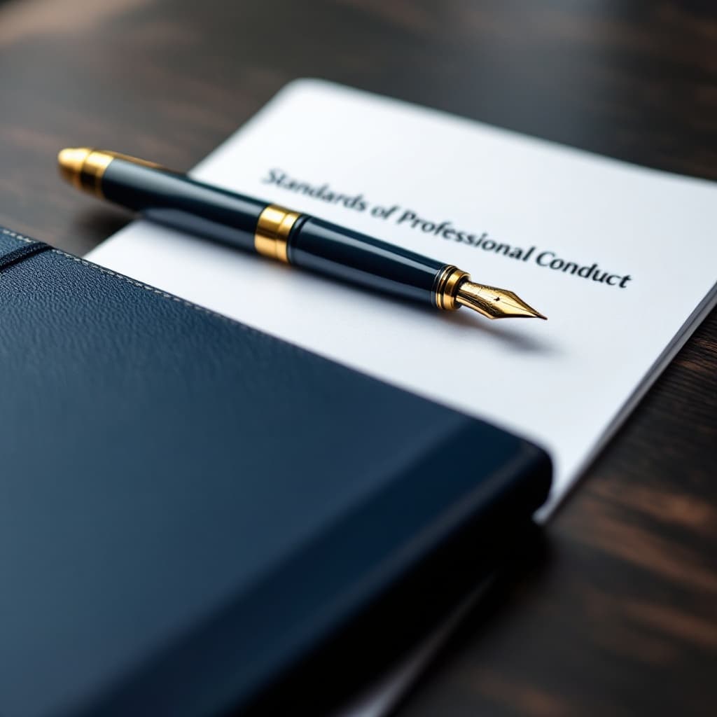 A gold-nibbed fountain pen resting on a printed Standards of Professional Conduct page beside a navy notebook.