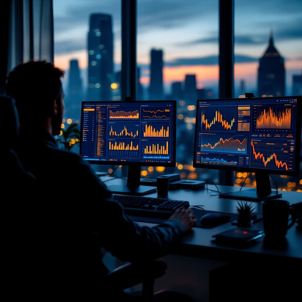 A risk analyst at a dark trading desk at dusk, monitors showing navy and amber risk dashboards.
