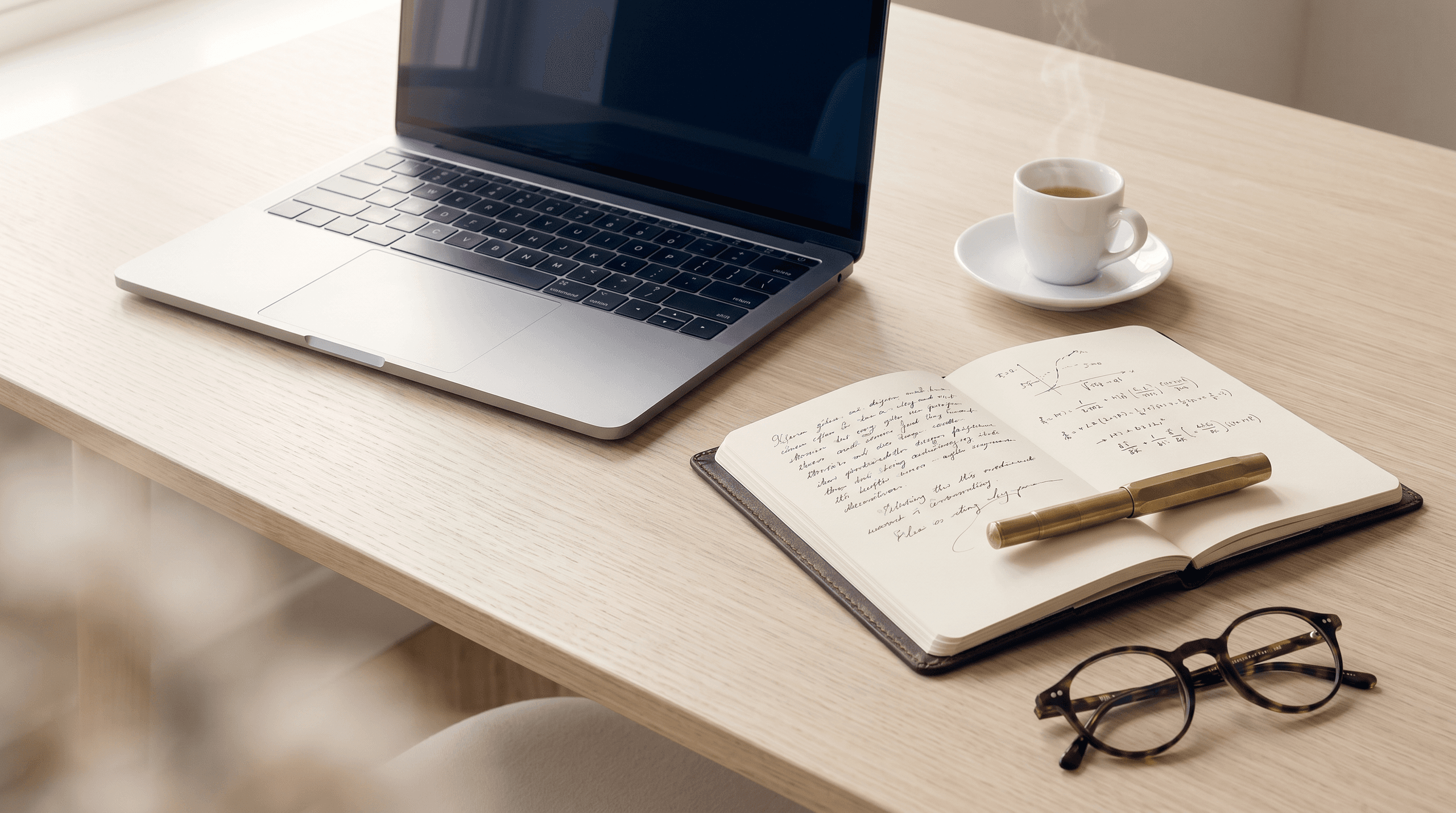 An illustrative study workspace with a laptop and open notebook.