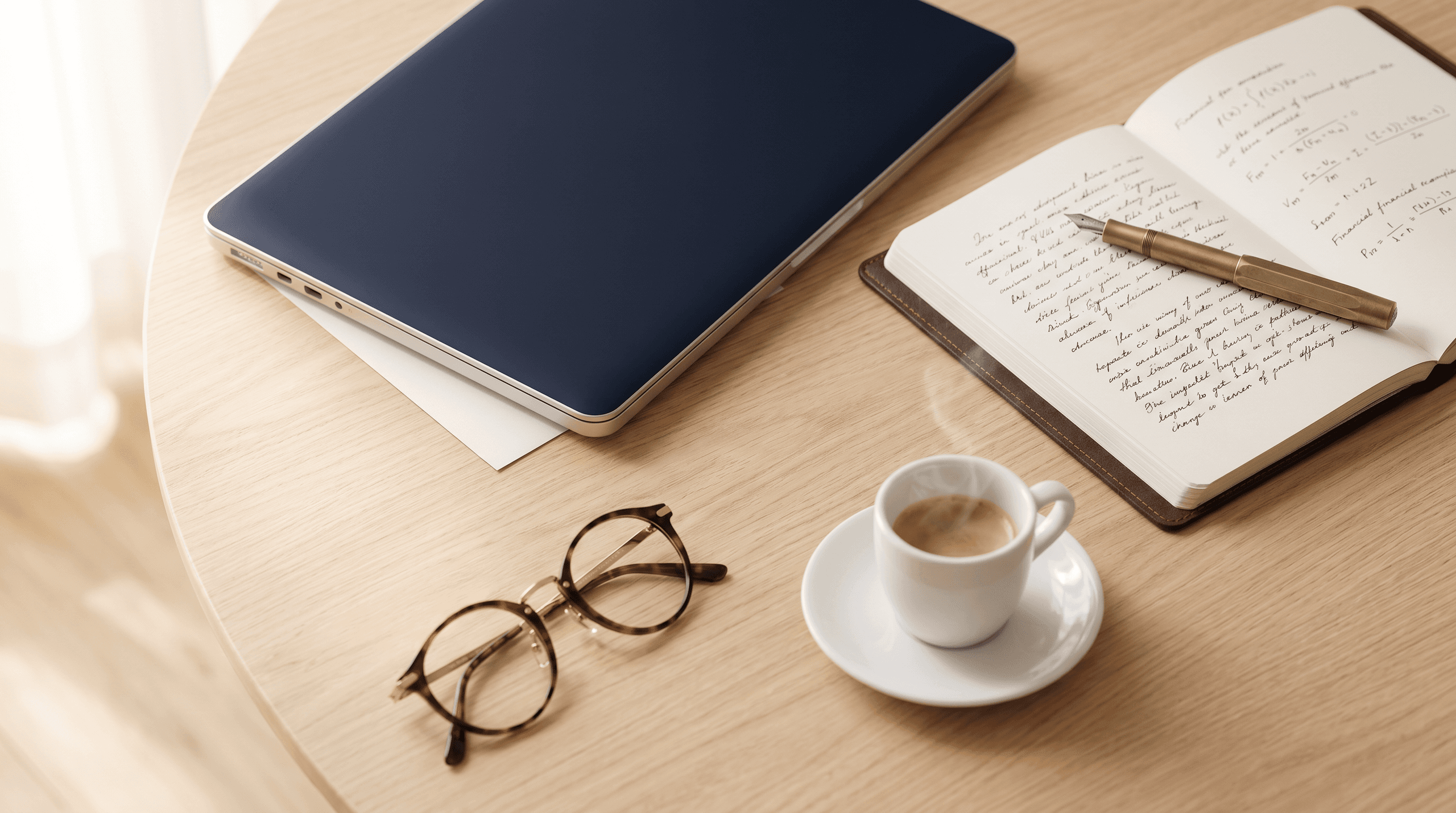 An illustrative study desk with a closed laptop, notebook and coffee.