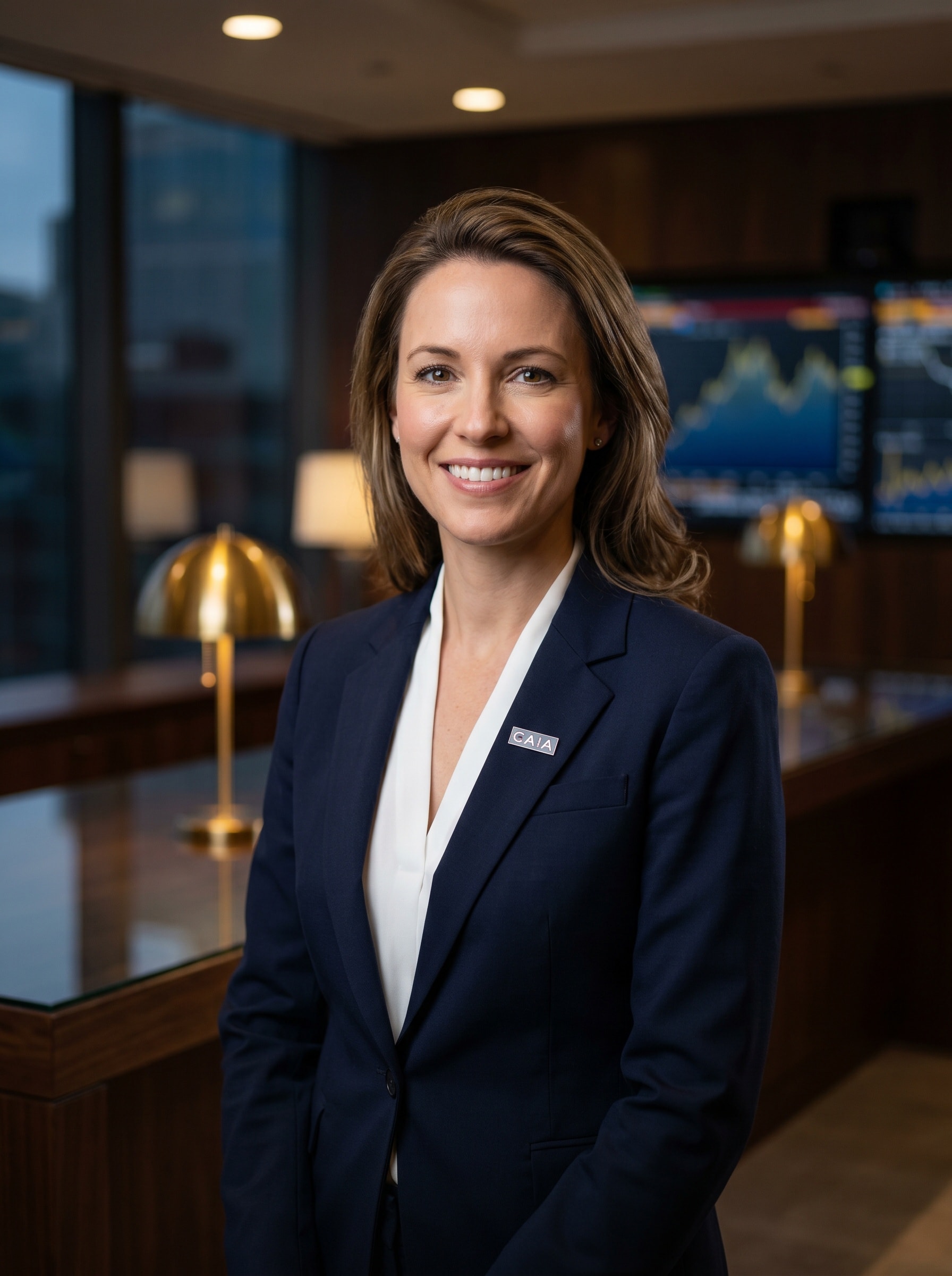 A CAIA charterholder in a deep-navy suit in a modern alternative-investments office.