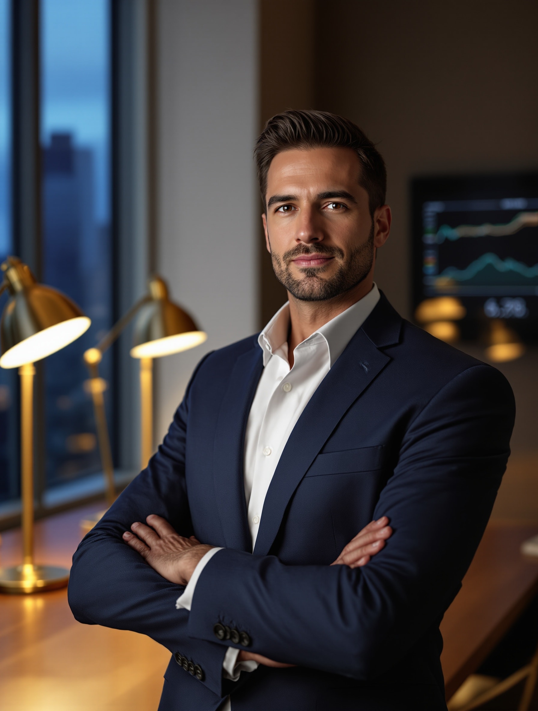A CERTIFIED FINANCIAL PLANNER professional in a navy suit in a private-wealth advisory office.
