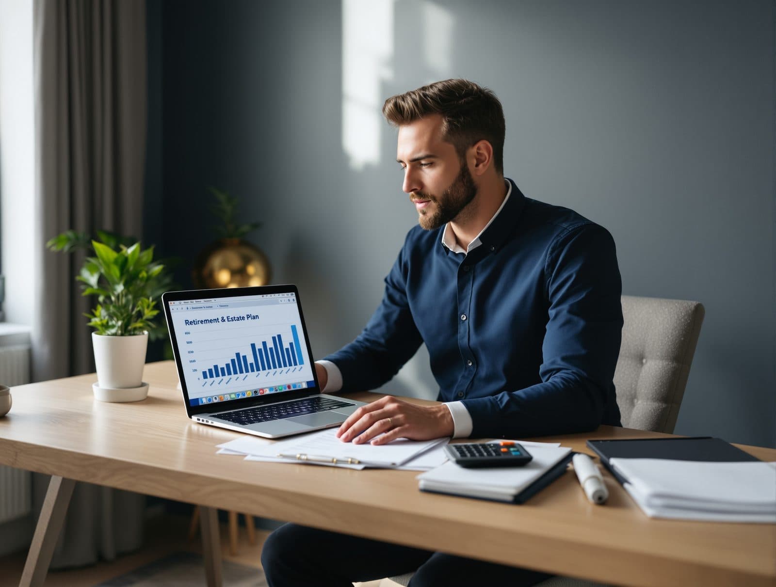 A financial planner reviewing a printed retirement and estate plan beside a laptop showing a cash-flow projection.