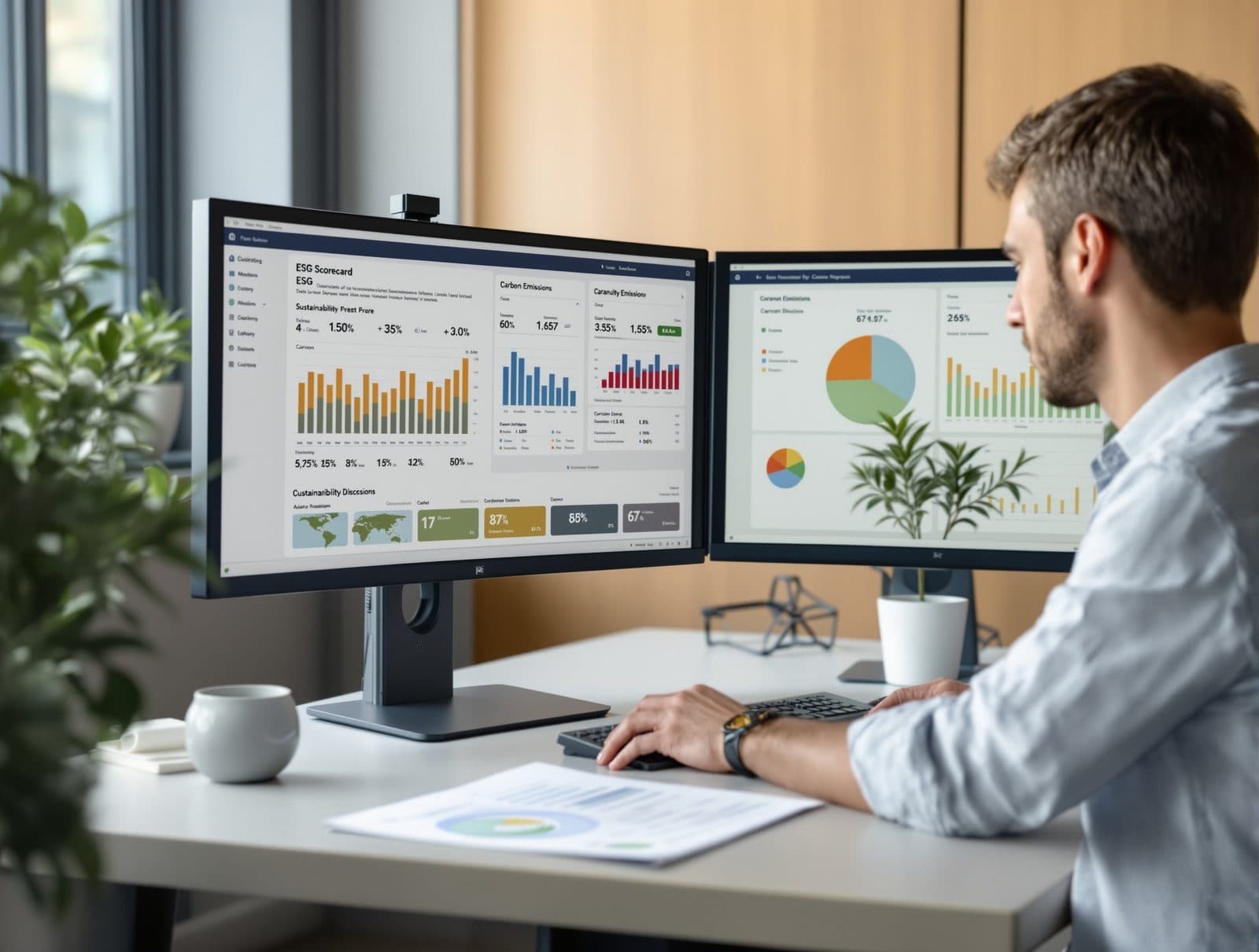 A sustainable-investment analyst reviewing an ESG scorecard and a carbon-emissions chart on a dual-monitor workstation.