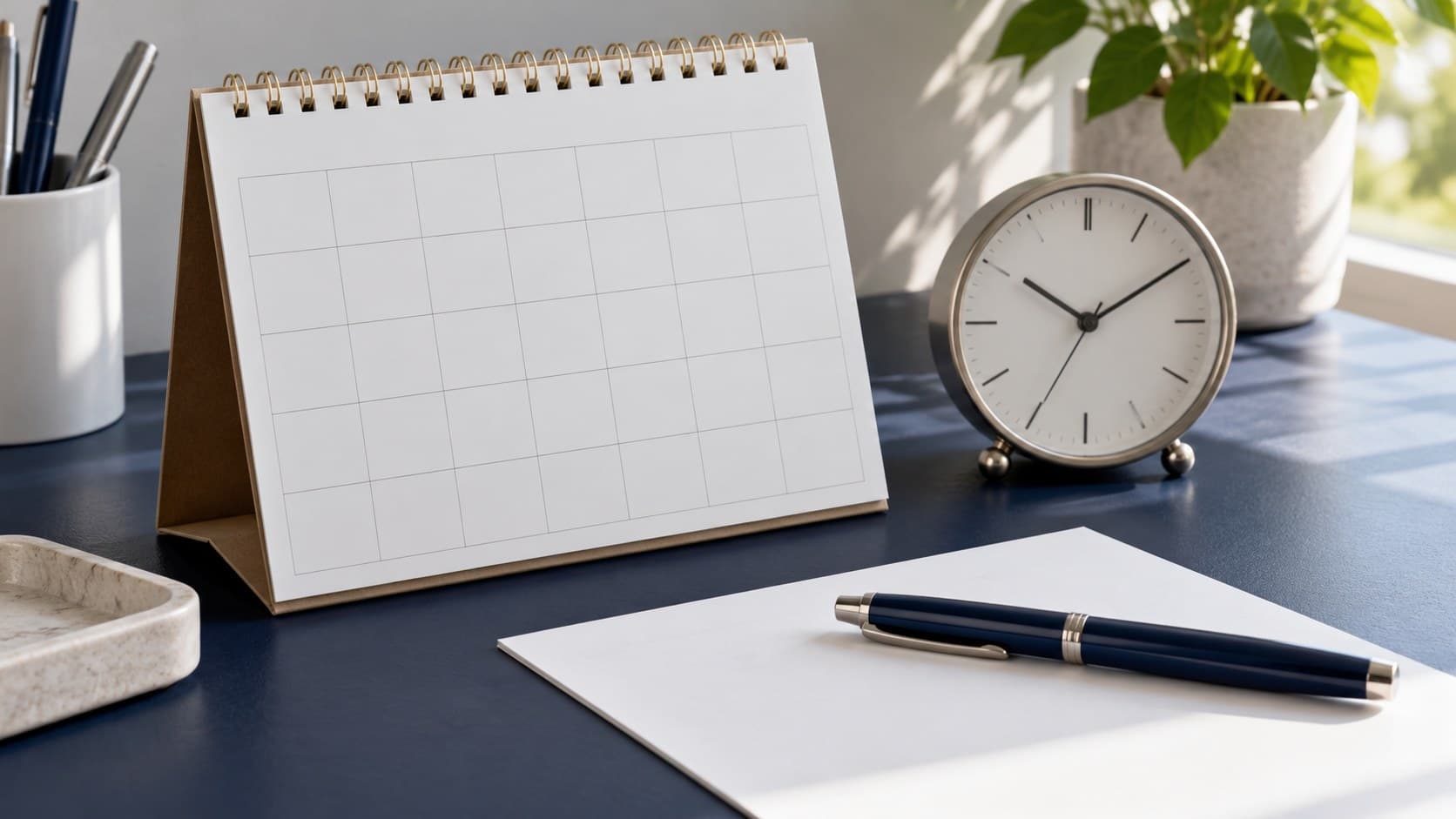 A blank desktop calendar stands beside an unmarked clock and a capped pen on a navy desk.