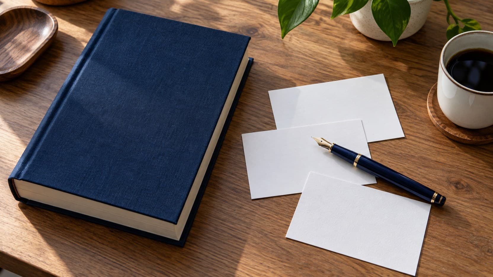 A closed navy study book lies beside blank white recall cards and a pen on a wooden desk.