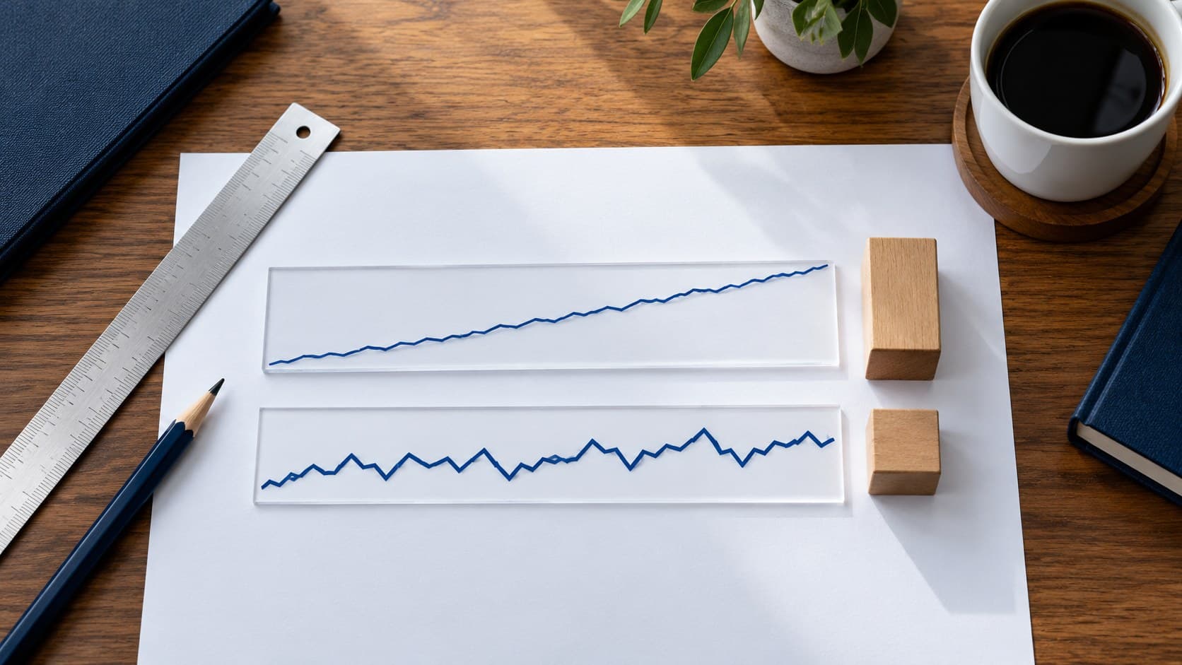 Two unlabelled blue return lines on clear strips lie beside a ruler and wooden blocks on a desk.