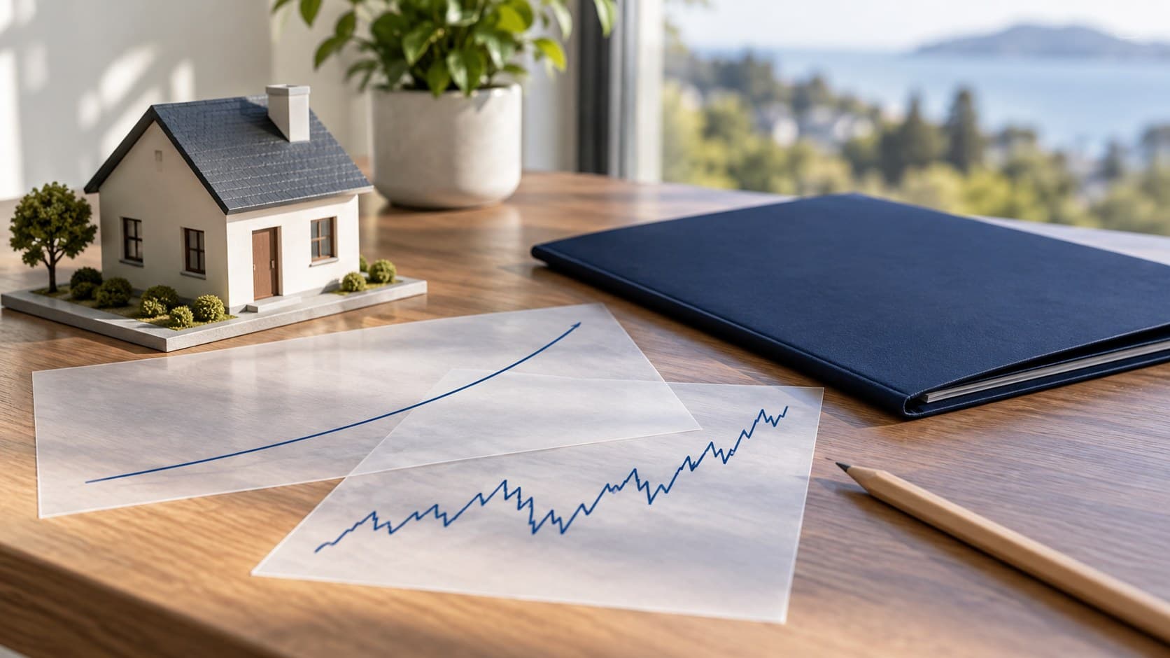 A small house model stands behind a navy valuation folder and two translucent sheets with smooth and jagged blue curves.