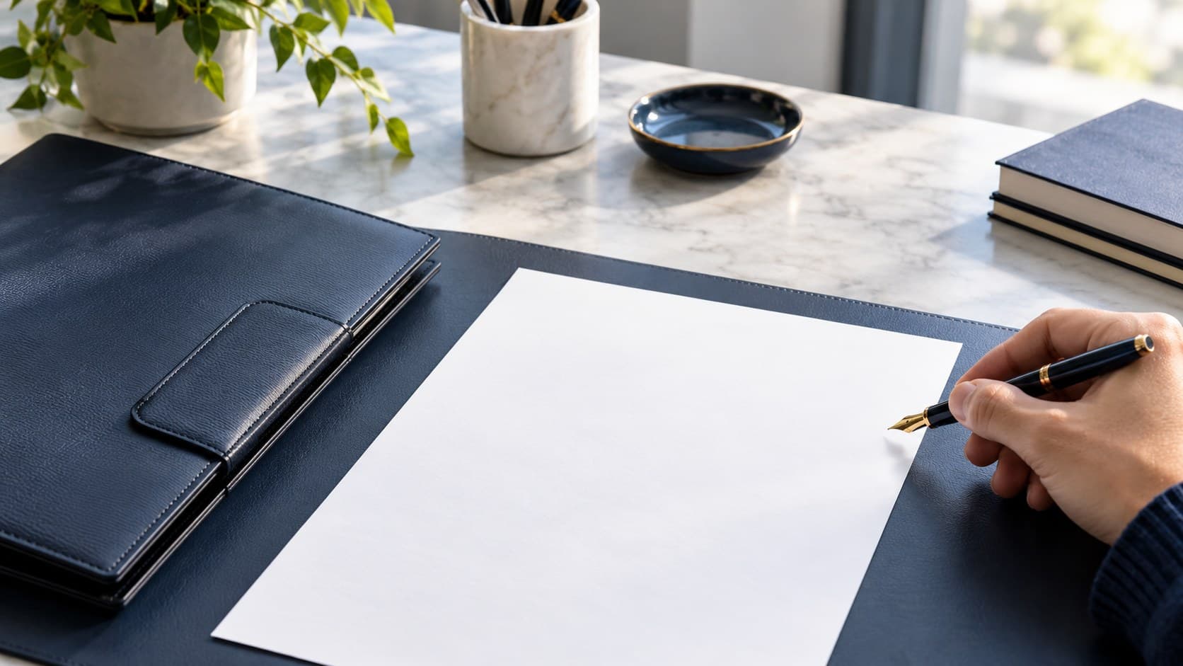 A blank CV sheet on a navy desk beside an unbranded folder and a pen held at the page edge.