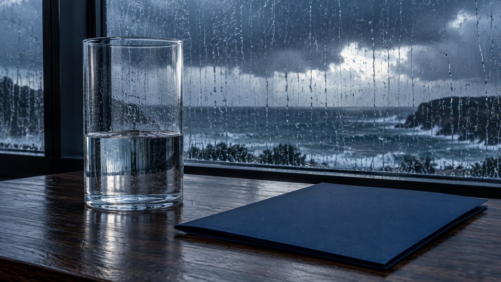 A clear rain vessel and closed navy folder on a desk beside a rain-streaked window.