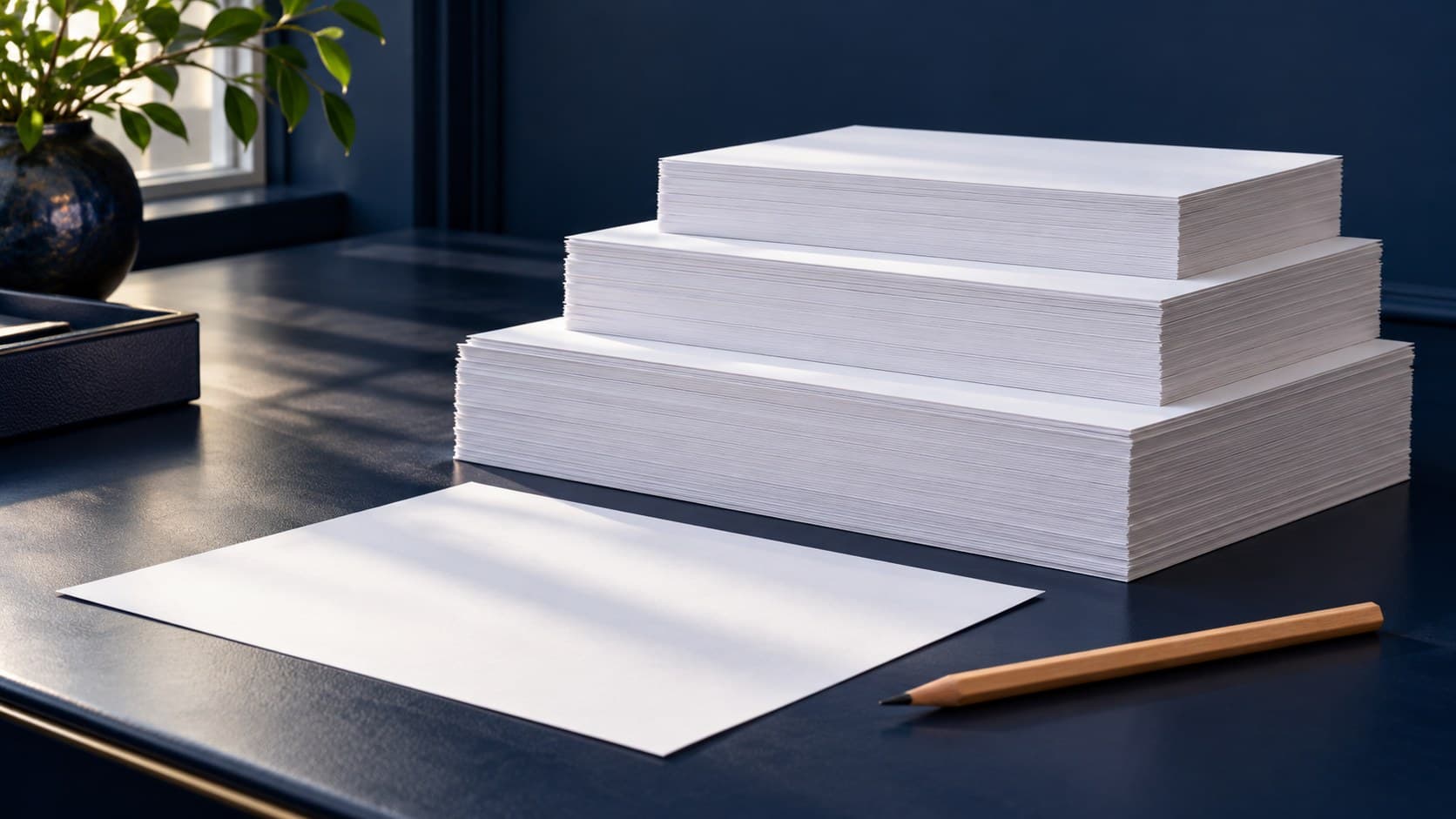 Three stepped stacks of blank white paper on a navy desk beside a loose sheet and pencil.