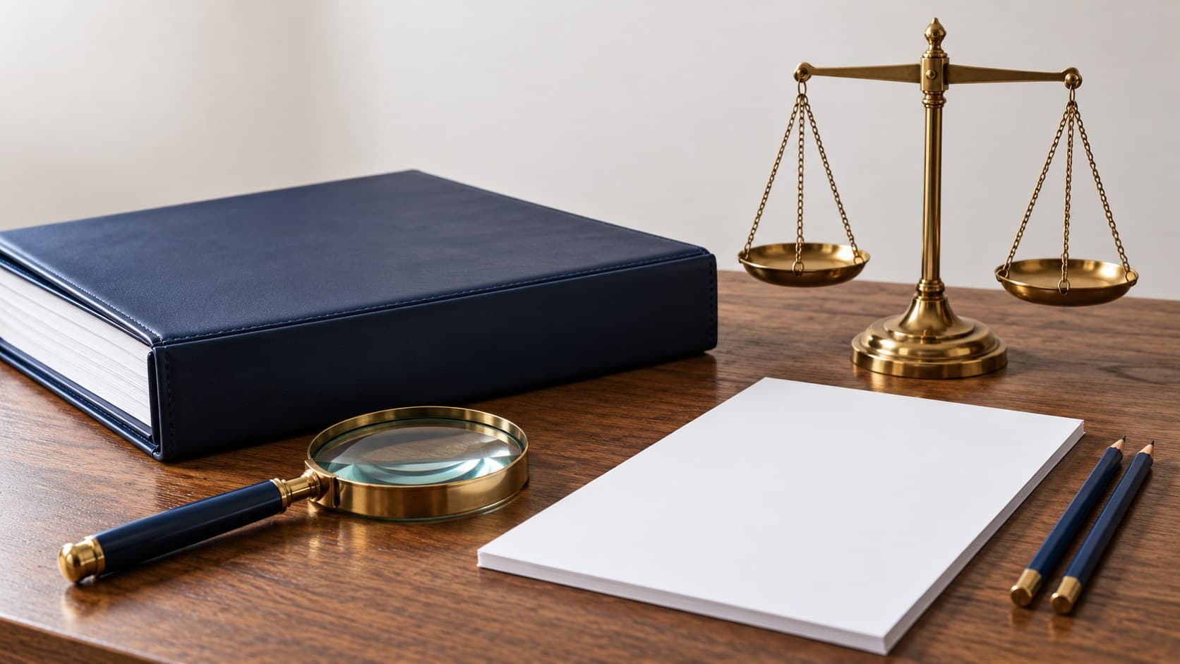 A blank navy binder, brass balance scale, magnifying glass and blank paper on a wooden desk.