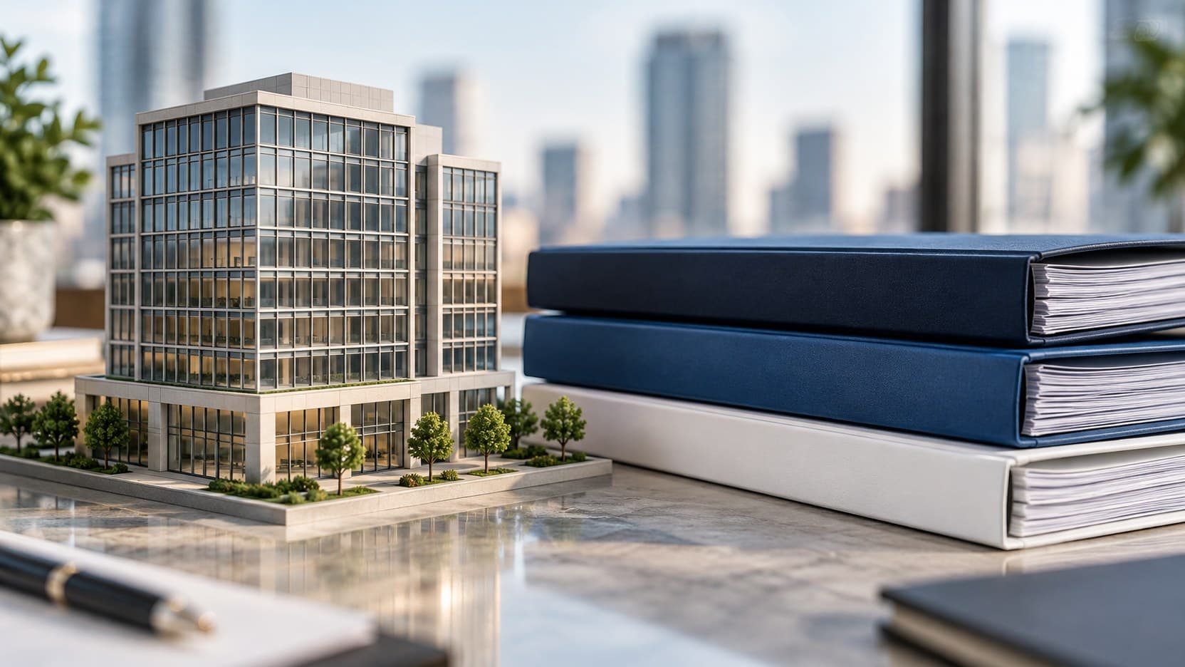 An unbranded model of a modern office building beside a stack of navy, blue and white folders on a sunlit desk.