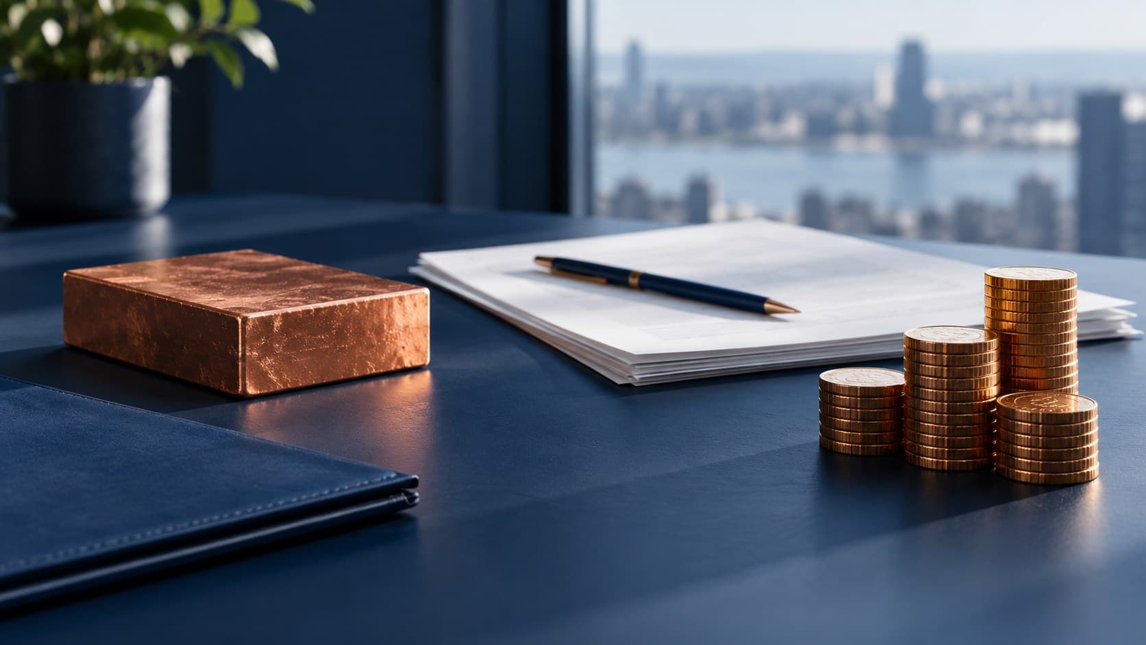 A copper block, blank papers and stacked metal discs on a navy desk.