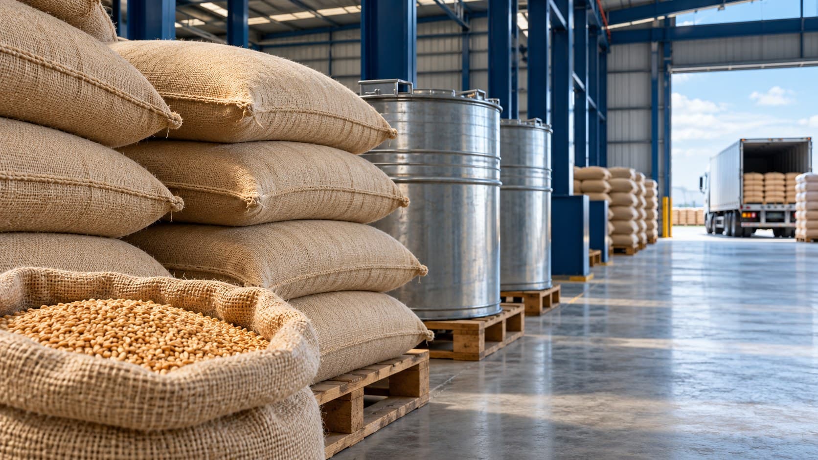 Sacks of grain and plain metal storage containers sit in a warehouse beside a loading area.