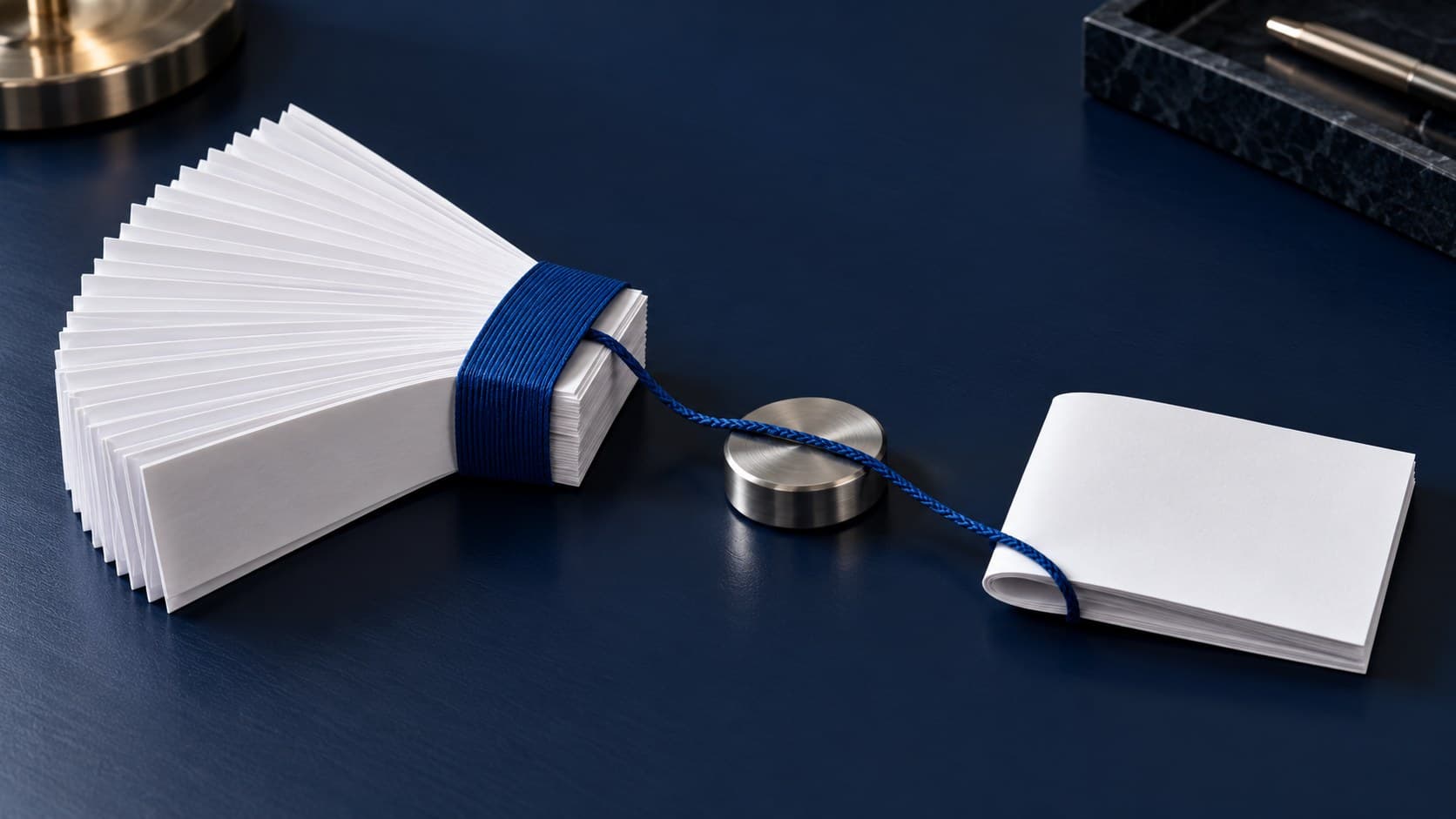 A fan of blank credit slips bound with blue cord links to a folded note across a navy desk.