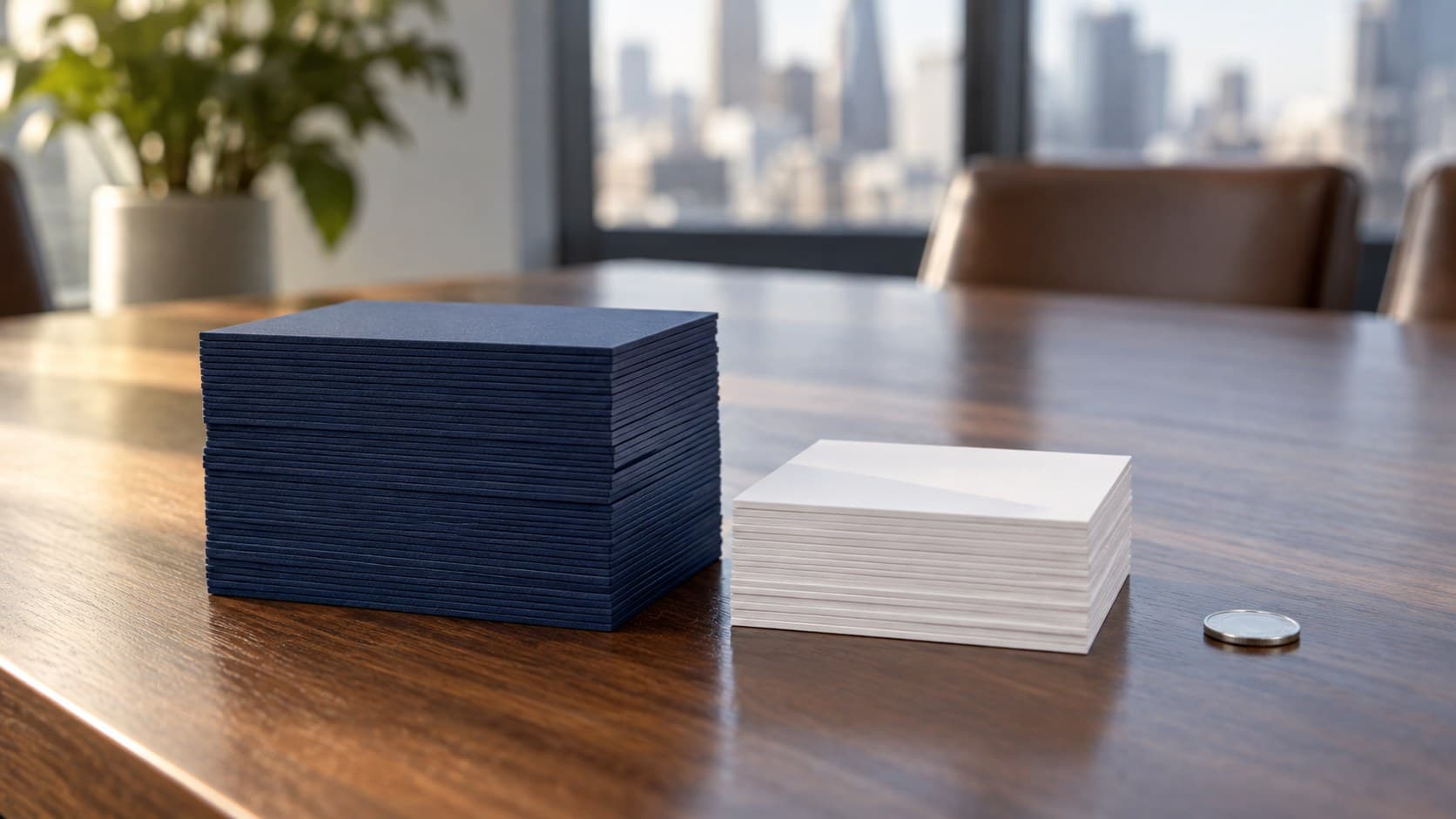A small plain coin sits beside larger stacks of blank navy and white cards on a conference table.